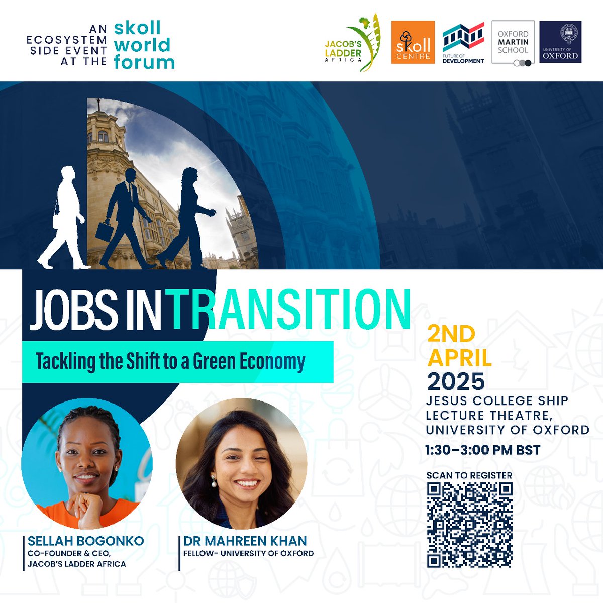 Jacob's Ladder Africa (@jacobsladder_a) on Twitter photo Will your job exist in the green economy?
Jacob's Ladder Africa is thrilled to host a side event panel discussion in collaboration with <a href="/oxmartinschool/">Oxford Martin School</a> during the <a href="/SkollWorldForum/">Skoll World Forum</a> in Oxford.
Event Details:
Date: Wednesday, 2nd April 2025
Time: 13:30 – 15:00 BST
Location: Jesus Will your job exist in the green economy?
Jacob's Ladder Africa is thrilled to host a side event panel discussion in collaboration with <a href="/oxmartinschool/">Oxford Martin School</a> during the <a href="/SkollWorldForum/">Skoll World Forum</a> in Oxford.
Event Details:
Date: Wednesday, 2nd April 2025
Time: 13:30 – 15:00 BST
Location: Jesus