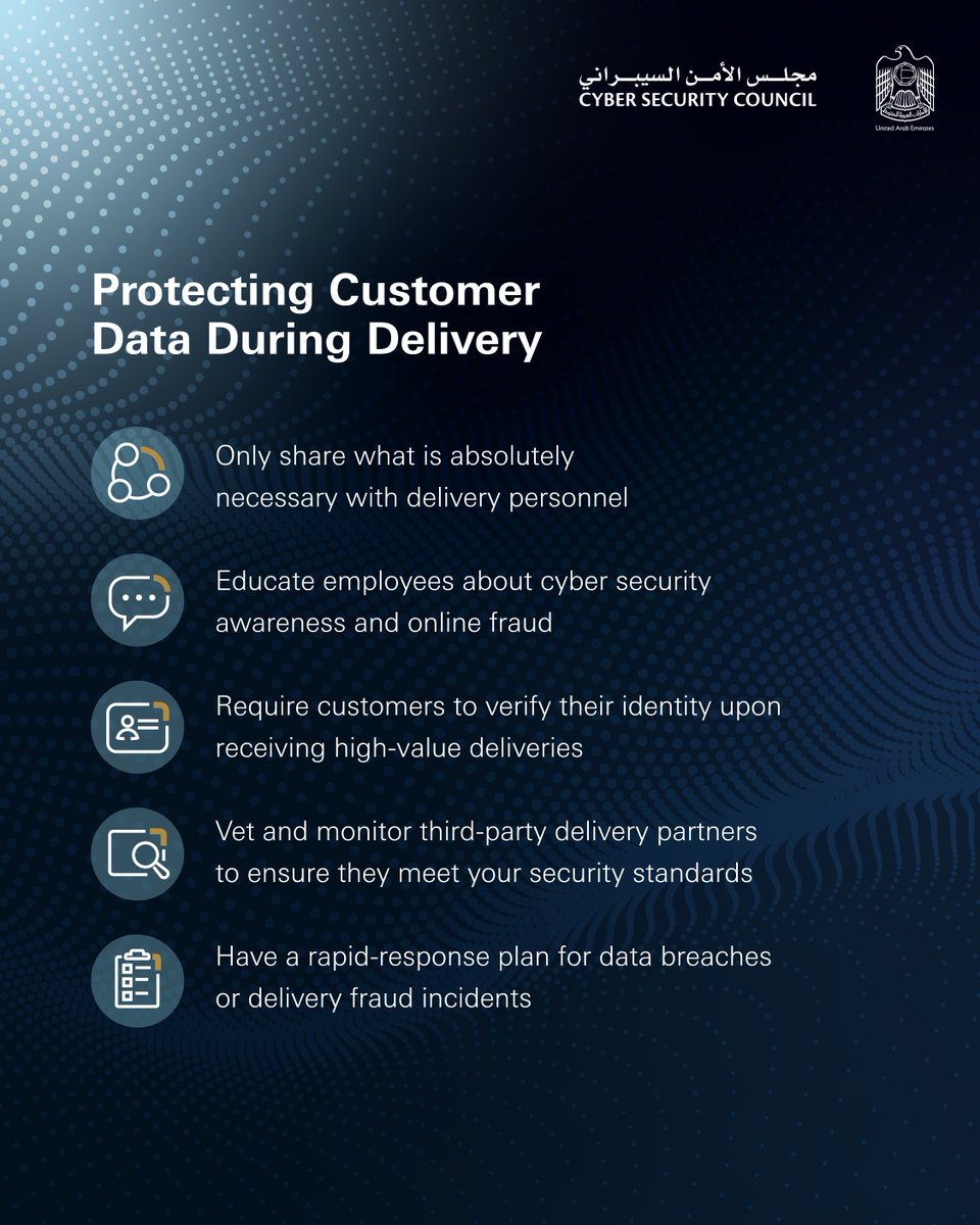 cscgovae's tweet photo. Delivery scams are on the rise. Stay ahead by encrypting data, verifying driver identities, using secure tracking, and protecting communication channels. Trust and security matter. 

#CyberSecurityCouncil⁩ #CSC #UAE #DigitalSafety #SecureDelivery #DeliveryPackage https://t.co/mJsHDuVWxw