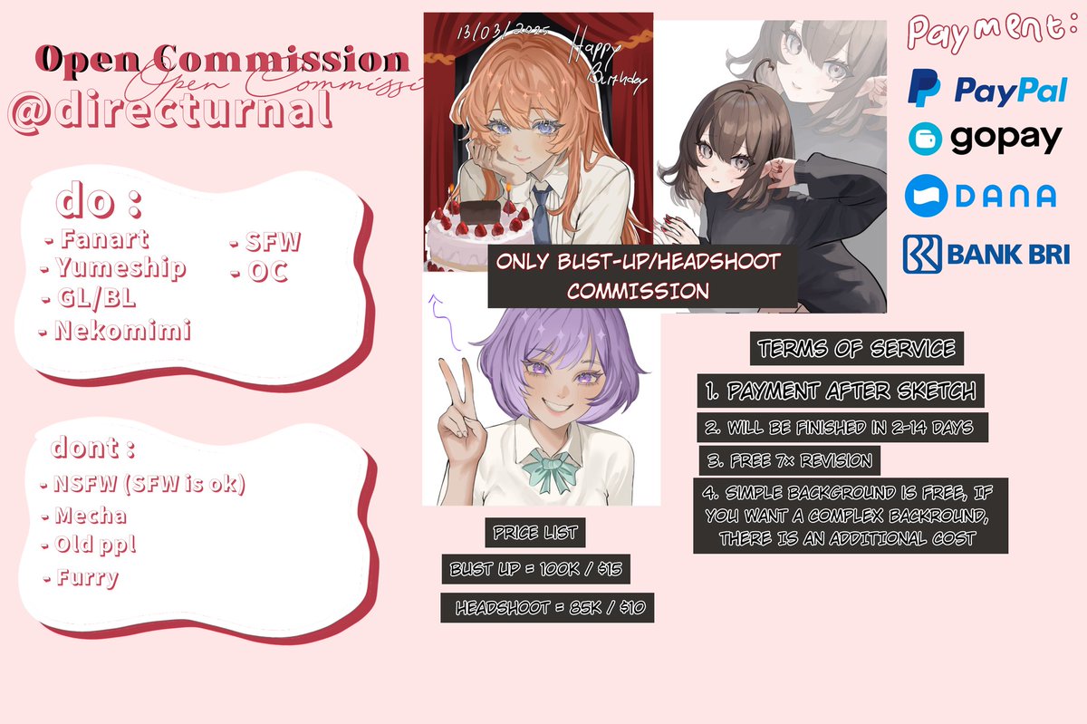 directurnal's tweet photo. HI !!!! I'm open for International and Local commission!! [>o<] 

Kinda urgent commission coz i have nothing more to put away (only susu milo and risol mayo sisa kemarin) 😭

//RT AND LIKE ARE VERY HELPING ME 😵🤍‼️‼️

#zonauang #commissionsopen #CommissionSheet #artmoots https://t.co/SuGKVKfqV5