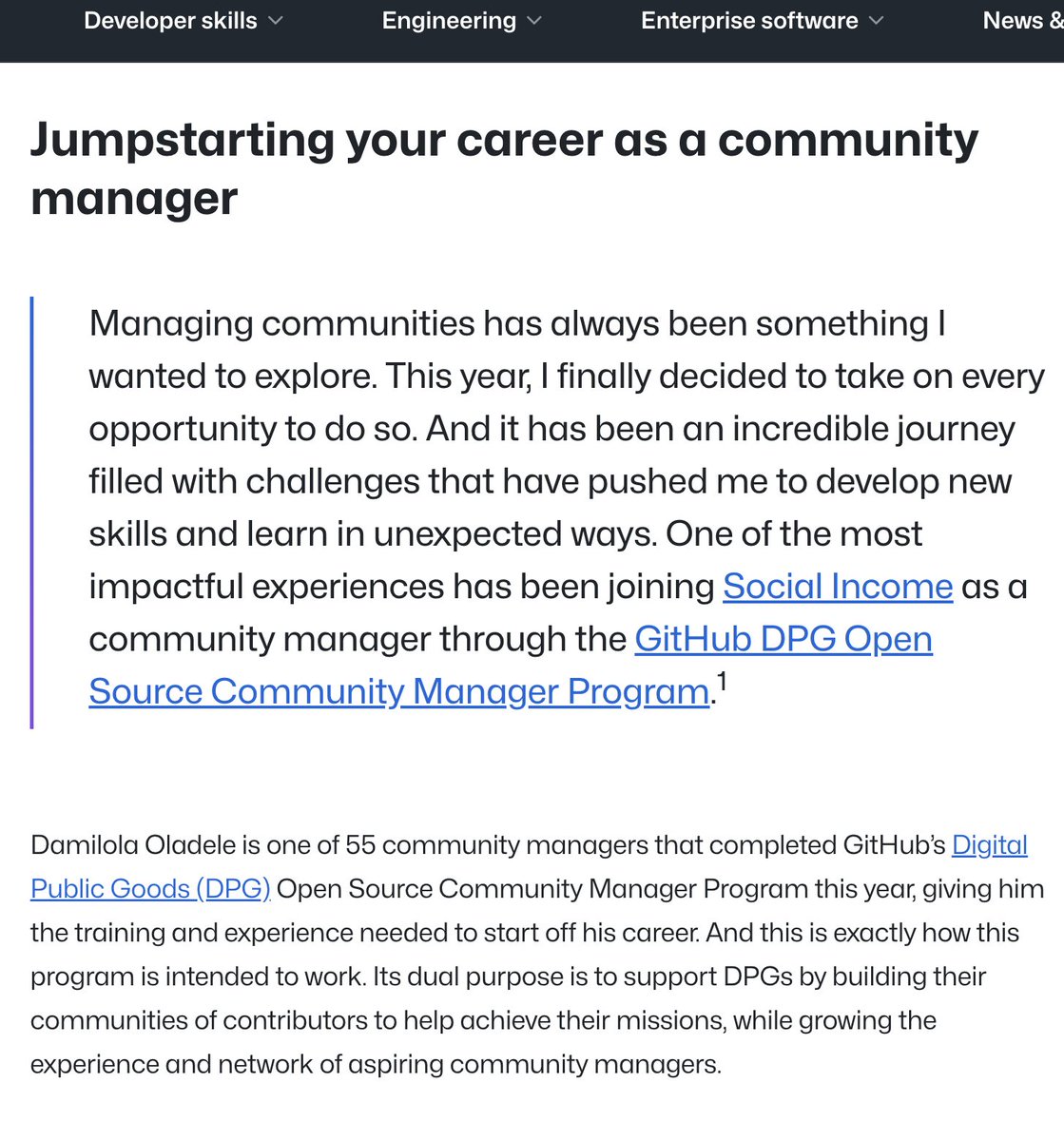 I’m excited to see excerpts from my blog post highlighted by GitHub! 🎉

Huge thanks to <a href="/github/">GitHub</a> for the spotlight and to <a href="/so_income/">Social Income</a> for the amazing experience.

Check out the GitHub article here:
lnkd.in/dfjxGRbR

Read my original blog post here:
lnkd.in/dDANydnG