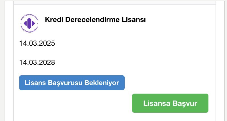 Kredi Derecelendirme Lisansı da tamamdır 👍 

Kurumsal Yönetim Derecelendirme Lisansı kaldı. ⏳