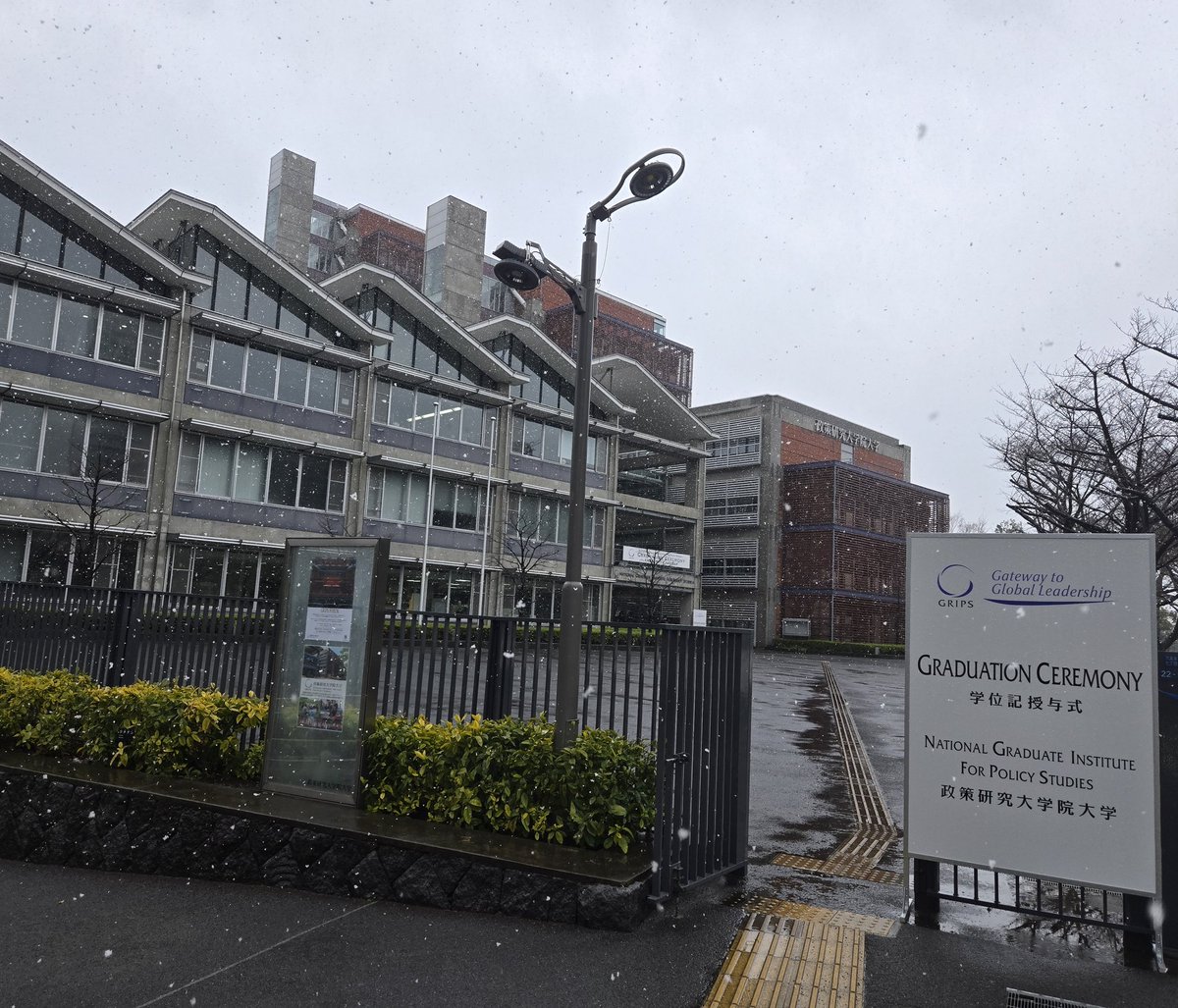 hamataro_main's tweet photo. こちらのアカウントはご無沙汰ですが、雪の舞う中、ようやく政策研究大学院大学を修了しました。修士です！

まさかの中高の後輩たちがいて、俺が寄り道している間に同期になり、一緒に卒業しました。

これまで大学院が怖くて六本木に行けなかったのですが、解放されました！是非誘ってください！笑 https://t.co/dVG0x2qHvD