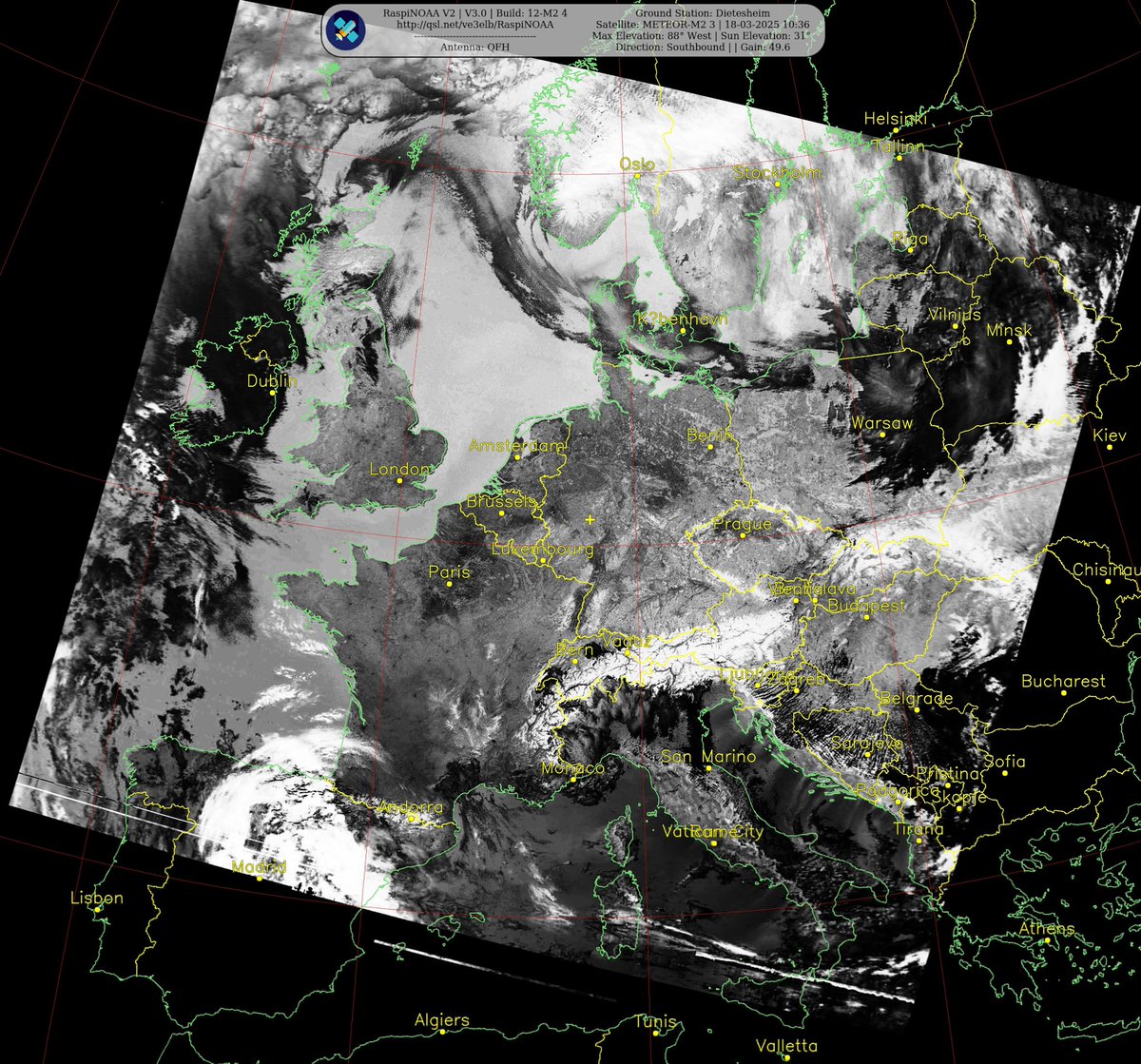 Ground Station: Dietesheim
Satellite: METEOR-M2 3 | 18-03-2025 10:36
Max Elevation: 88° West | Sun Elevation: 31°-
Direction: Southbound | | Gain: 49.6