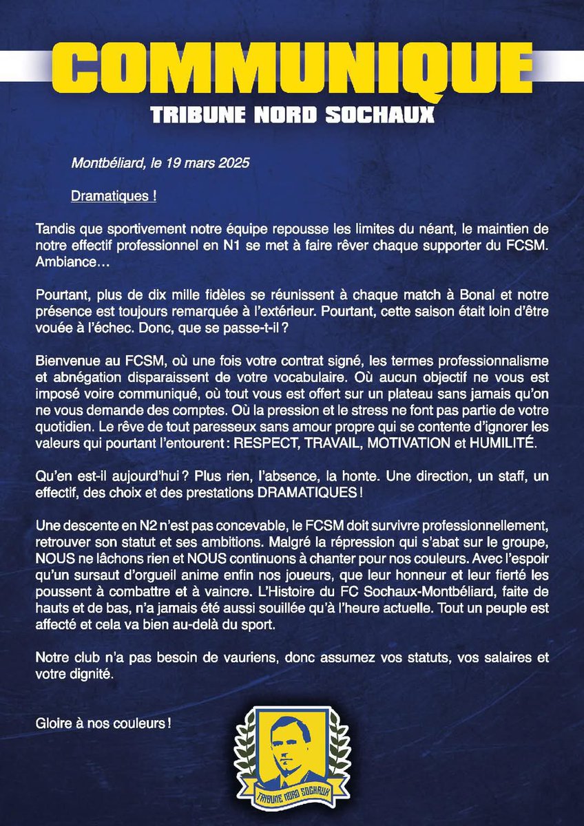 La <a href="/tribune_nord_sx/">Tribune Nord Sochaux</a> remet l'église au milieu du village sochalien.
Mais est-ce que les principaux intéressés se sentiront concernés ??
Réponse vendredi à Bonal où tout autre résultat qu'une victoire est inenvisageable.
💛💙💪