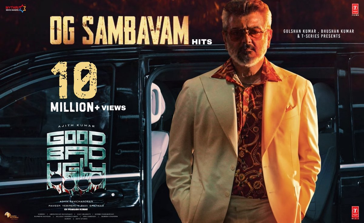 Karthik_Nesal's tweet image. A MASS MUSIC RAMPAGE 🔥🔥

#GoodBadUgly First Single #OGSambavam hits 1️⃣0️⃣ MILLION+ VIEWS with TRENDING #1 on YouTube💥💥
#AjithKumar @MythriOfficial @tseriessouth @Adhikravi @gvprakash