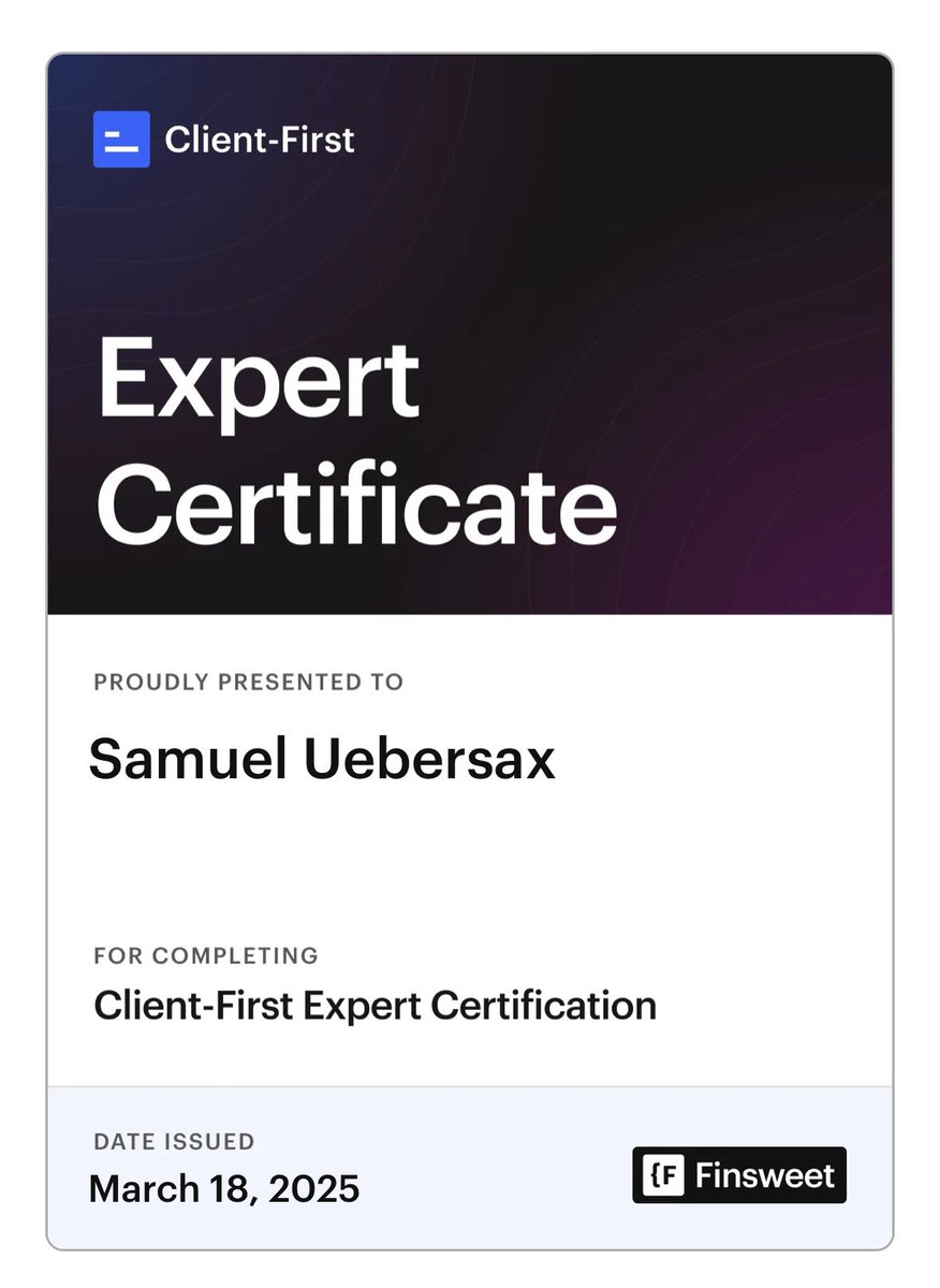 Amongst the first to get the new Client-First Certificate by <a href="/finsweet/">Finsweet</a> 🤓