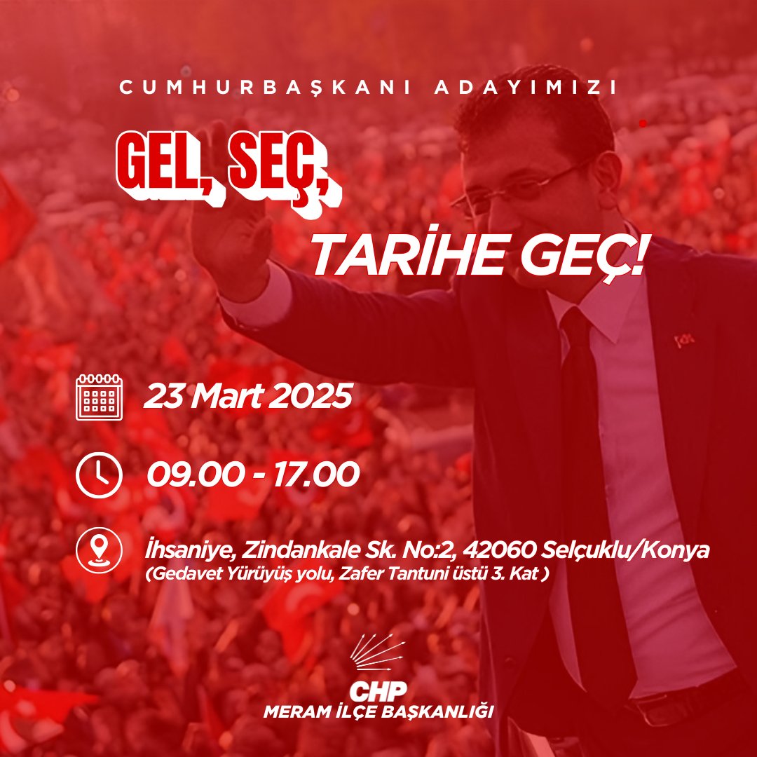 Değerli Partililer 23 Mart günü sadece bir ön seçim olmaktan çıkmıştır. Başta  Ekrem İmamoğlu olmak üzere CHP'ye yapılan tüm hukuksuzluklara ve haksızlara karşı tek vücut olma günüdür. 

KURTULUŞ YOK TEK BAŞINA YA HEP BERABER YA HİÇ BİRİMİZ. 

23 Mart Pazar günü #GelSeçTariheGeç