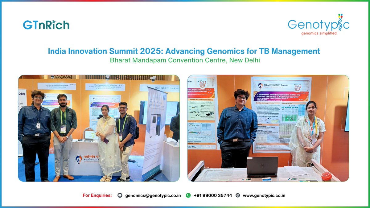 GenotypicTech's tweet image. 🚀 Day 1 at #IndiaInnovationSummit2025 was a powerhouse of innovation &amp;amp; collaboration!

@GenotypicTech is revolutionizing TB detection with cutting-edge genomics. Meet us at Poster ID: 310 today and explore the future of precision diagnostics!

#GenomicsForTB