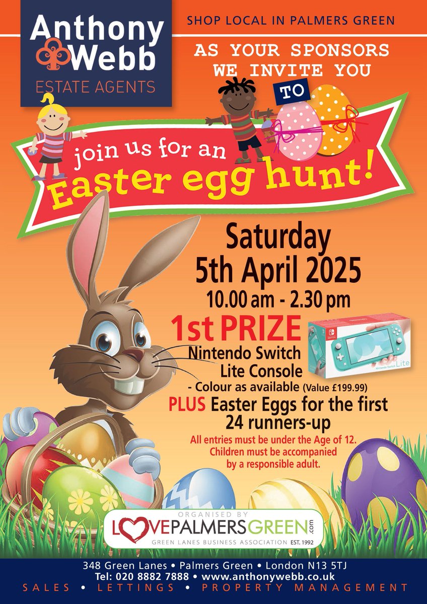 🐣Join us for the Palmers Green Easter Egg Hunt 🐣

We’re thrilled to be sponsoring this year’s Palmers Green Easter Egg Hunt

📅 Saturday 5 April 
⏰ 11am to 2.30pm
📍 Pick up your hunt sheet from Anthony Webb Estate Agents

Find out more:buff.ly/QdJcqsU