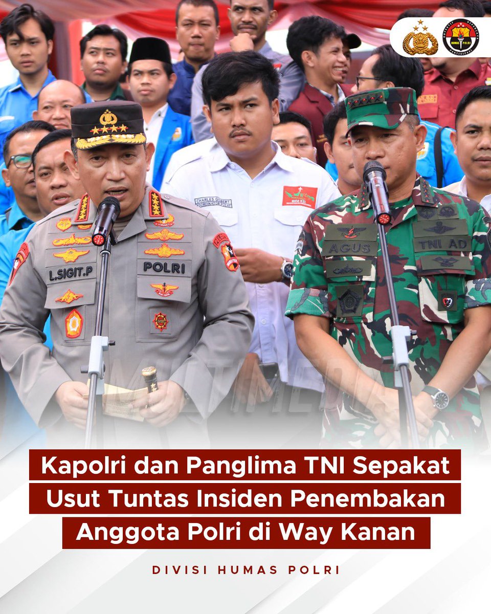 DivHumas_Polri's tweet photo. Kapolri, Jenderal Polisi Drs. Listyo Sigit Prabowo, M. Si., dan Panglima TNI, Jenderal TNI H. Agus Subiyanto, S.E., M. Si., sepakat untuk mengusut tuntas insiden penembakan anggota Polri oleh oknum personel TNI di Way Kanan, Lampung beberapa waktu lalu. Kapolri menyatakan bahwa jajaran TNI-Polri di Lampung sedang melakukan investigasi insiden yang mengakibatkan gugurnya tiga anggota Polri tersebut. Tiga polisi yang gugur dalam insiden tersebut adalah AKP (Anumerta) Lusiyanto, Aipda (Anumerta) Petrus Apriyanto, dan Briptu (Anumerta) M. Ghalib Surya Ganta, saat melakukan penggerebekan judi sabung ayam di Kampung Karang Manik, Way Kanan. Oknum TNI yang diduga terlibat sudah ditangkap dan kini ditahan di Denpom Lampung.

"Saya kira hari ini Pak Kapolda dan Pak Danrem sedang terus melakukan investigasi. Saya dengan Bapak Panglima sama, sudah sepakat bersama-sama melakukan investigasi dan menuntaskan hal-hal yang nanti ditemukan di lapangan," tegas Kapolri dalam keterangannya, Selasa (18/3).