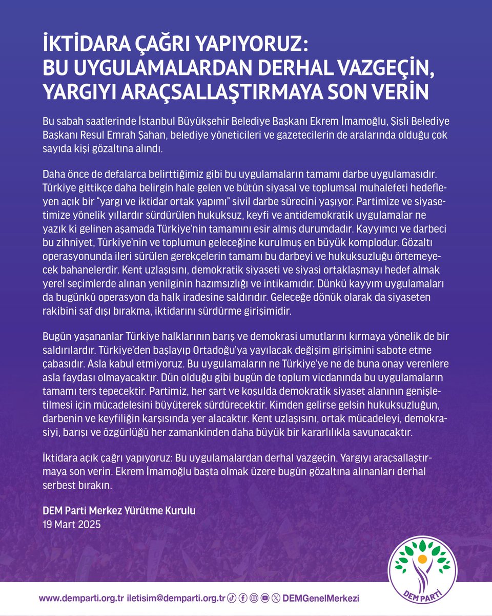 İktidara çağrı yapıyoruz: Bu uygulamalardan derhal vazgeçin, yargıyı araçsallaştırmaya son verin!
￼
Merkez Yürütme Kurulumuzun açıklaması:
demparti.org.tr/tr/iktidara-ca…