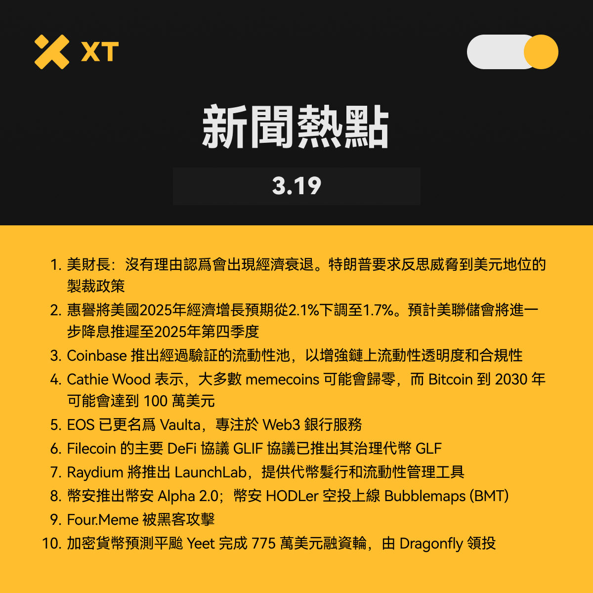 📅3月19日 #XTLABS熱點播報 過去24小時Crypto事件                            
📷熱門交易: $BTC $ETH $BMT