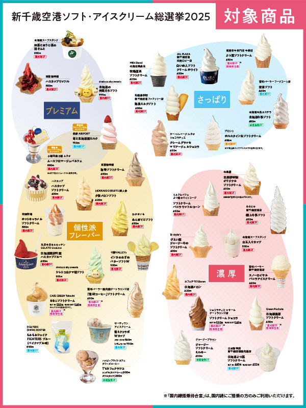 皆さんアイスクリームはお好きでしょうか⁉

その日の気分によって食べたい🍦も違いますよね☺
新千歳空港ではなんと30種類以上のソフト・アイスクリームが食べられるんです✨
新千歳空港であなたの推しアイスを見つけてみませんか❓
#新千歳空港ソフト総選挙