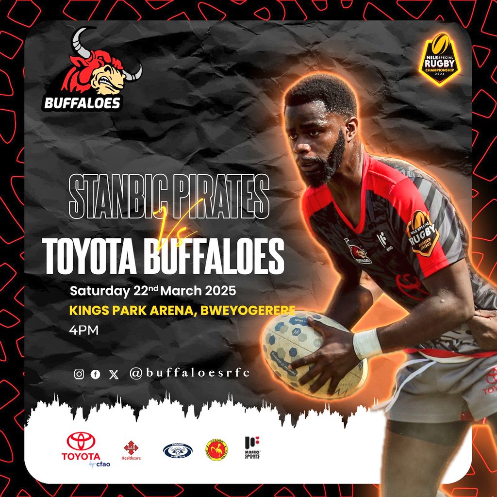 Buffaloes Rugby Club (@buffaloesrfc) on Twitter photo We're on a short trip to KPA in Mukono district to take on the <a href="/piratesrugbyUG/">PIRATES RUGBY</a> this weekend!
Game Week_10 of the Uganda Rugby Premiership 2025. Action from 12:00PM, the main game at 4:00PM.
#ToyotaBuffaloes
#BuffaloSoldiers
#HarderStrongerForLonger
#OneTeamOneSpiritOneWin We're on a short trip to KPA in Mukono district to take on the <a href="/piratesrugbyUG/">PIRATES RUGBY</a> this weekend!
Game Week_10 of the Uganda Rugby Premiership 2025. Action from 12:00PM, the main game at 4:00PM.
#ToyotaBuffaloes
#BuffaloSoldiers
#HarderStrongerForLonger
#OneTeamOneSpiritOneWin