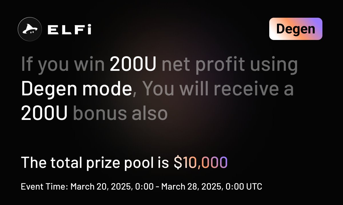 ELFiProtocol's tweet photo. 🕙Trading Competition Time: March 20, 2025, 0:00 - March 28, 2025, 0:00 UTC
💰Rules: Using Degen mode for trading, users achieving a net profit (total profit minus total loss) of over $200 during the event period will be rewarded with a 200U bonus also.
⏰Reward Distribution Time: March 31, 2025, 24:00 UTC
💰The total prize pool is 10000U. First come, first served.
Start Now: https://t.co/4zDQv1774B
#BTCUSD #ETH #degen #1000x #DEX #ELFi #cryptocurrency #TradingStrategies