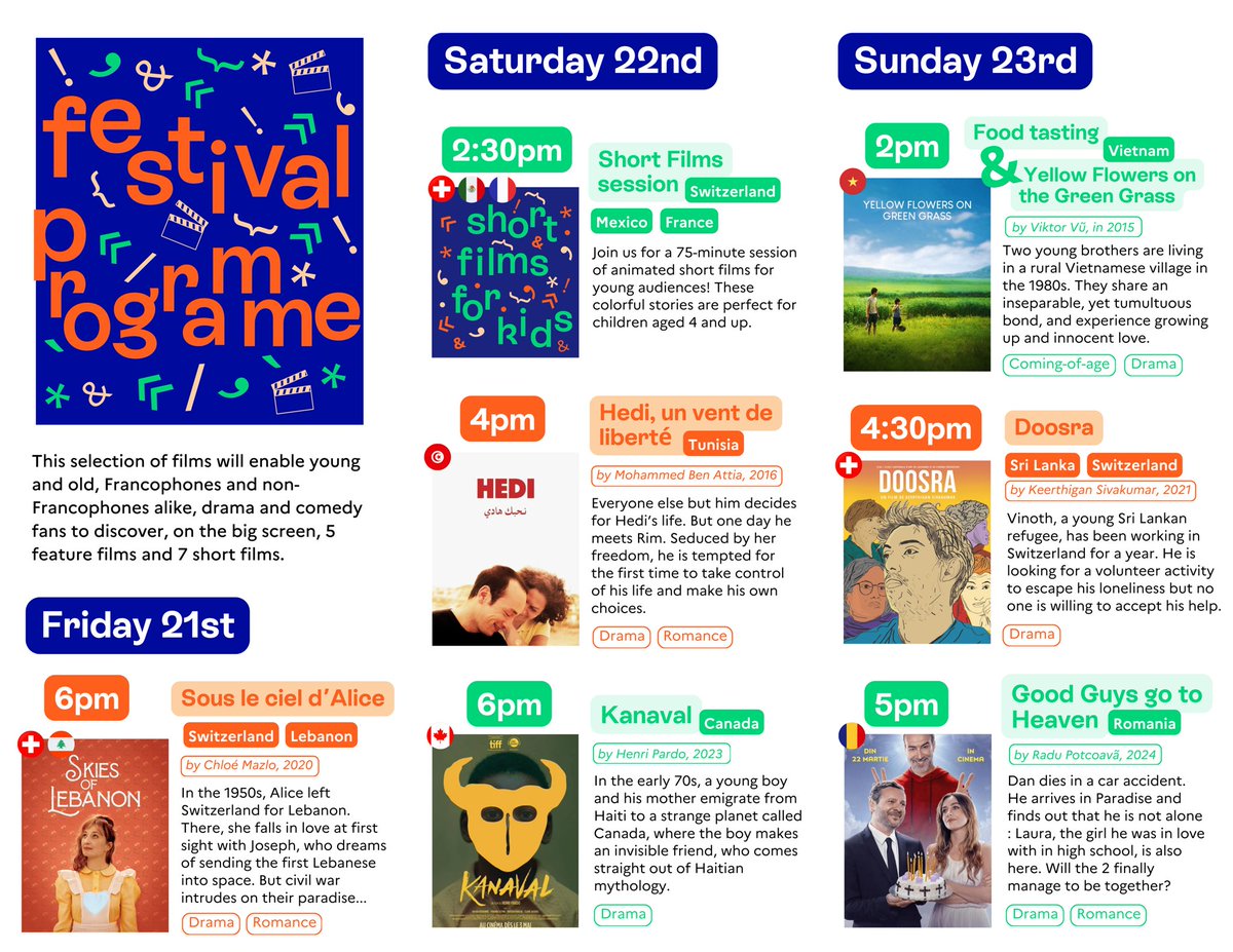 Join us at the Francophonie Film Festival!

📅 March 21st – 23rd, 2025
📍 Alliance Française de Colombo, 11 Barnes Place, Colombo 7
🎟 Free entry 

Swiss films:

🎬 Short films for kids – Saturday, March 22nd, at 2:30 PM
🎬 "Doosra" – Sunday, March 23rd, at 4:00 PM