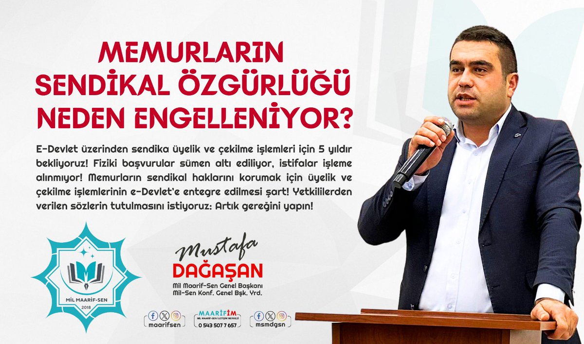 🔴 *Dağaşan: "Memurların sendikal özgürlüğü neden engelleniyor?*  

✅ İşçiler e-Devlet’ten sendikaya üye olabiliyor.  
🚫 Memurlar hâlâ fiziki evrakla uğraşıyor!  
❌ Üyelik ve istifa işlemleri bürokratik engellere takılıyor.  
🖥️ Dijital çağda e-Devlet neden memurlara kapalı?