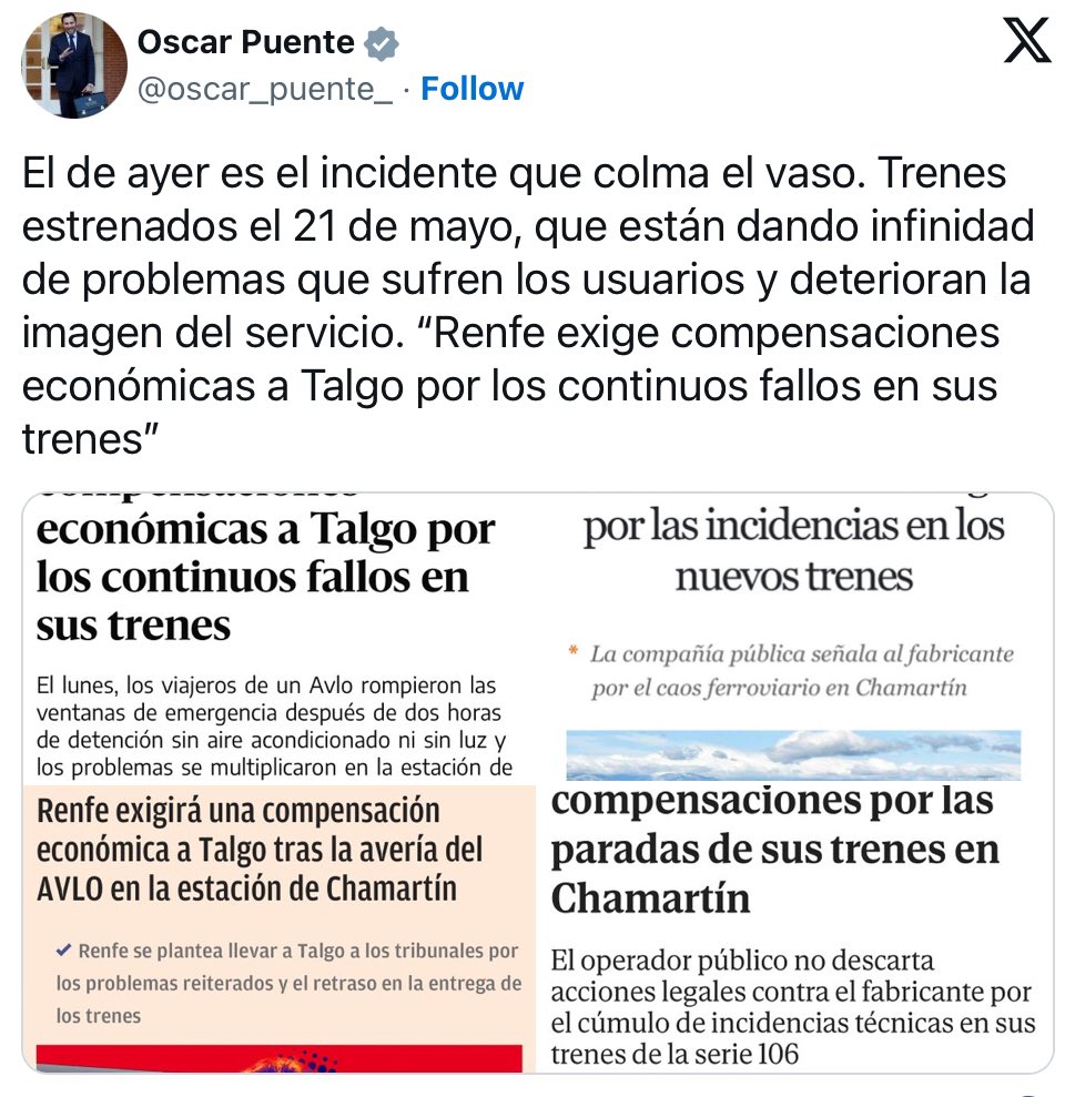 El ministre indignat per una avaria a Madrid. Allà demanen responsabilitats perquè no funcionen els trens NOUS. En canvi a Catalunya res no funciona perquè tant les infraestructures com els trens són OBSOLETS. 
I no es demanen mai compensacions per això.