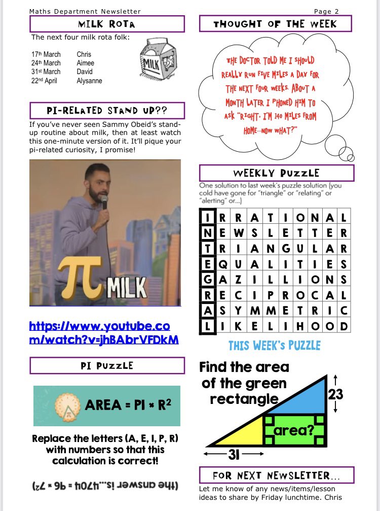 Chris Smith MBE (@aap03102) on Twitter photo Aw, my baby is all grown up…the #MathsNewsletter turns 18 years old today!
Over 700 weekly issues of geeky delight- Maths trivia, puzzles, resources, lesson ideas and a milk rota.
You might be late to the party, but you can sign up for free by emailing aap03102@gmail.com ❤️ Aw, my baby is all grown up…the #MathsNewsletter turns 18 years old today!
Over 700 weekly issues of geeky delight- Maths trivia, puzzles, resources, lesson ideas and a milk rota.
You might be late to the party, but you can sign up for free by emailing aap03102@gmail.com ❤️