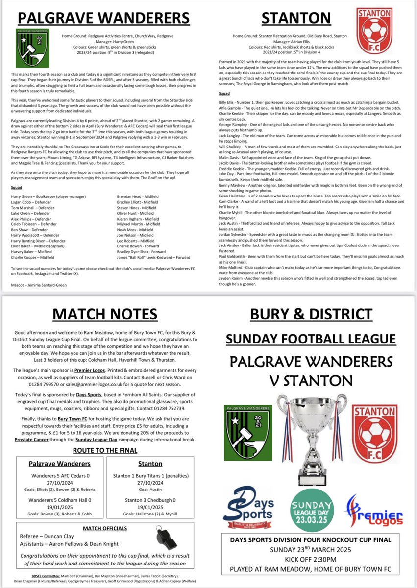 Premier Logos Bury Sunday League (@bury_sunday) on Twitter photo This Sunday is the <a href="/DaysSports1/">days-sports@btconnec</a> Division 4 ko cup final between <a href="/Pal_WanderersFC/">Palgrave Wanderers Football Club</a> and <a href="/YouthStanton/">Stanton Sundays (SS 21)</a> at <a href="/BuryTownFC/">Bury Town FC (P)</a> 2.30pm ko
Adults £5 5-16 year olds £1 This Sunday is the <a href="/DaysSports1/">days-sports@btconnec</a> Division 4 ko cup final between <a href="/Pal_WanderersFC/">Palgrave Wanderers Football Club</a> and <a href="/YouthStanton/">Stanton Sundays (SS 21)</a> at <a href="/BuryTownFC/">Bury Town FC (P)</a> 2.30pm ko
Adults £5 5-16 year olds £1