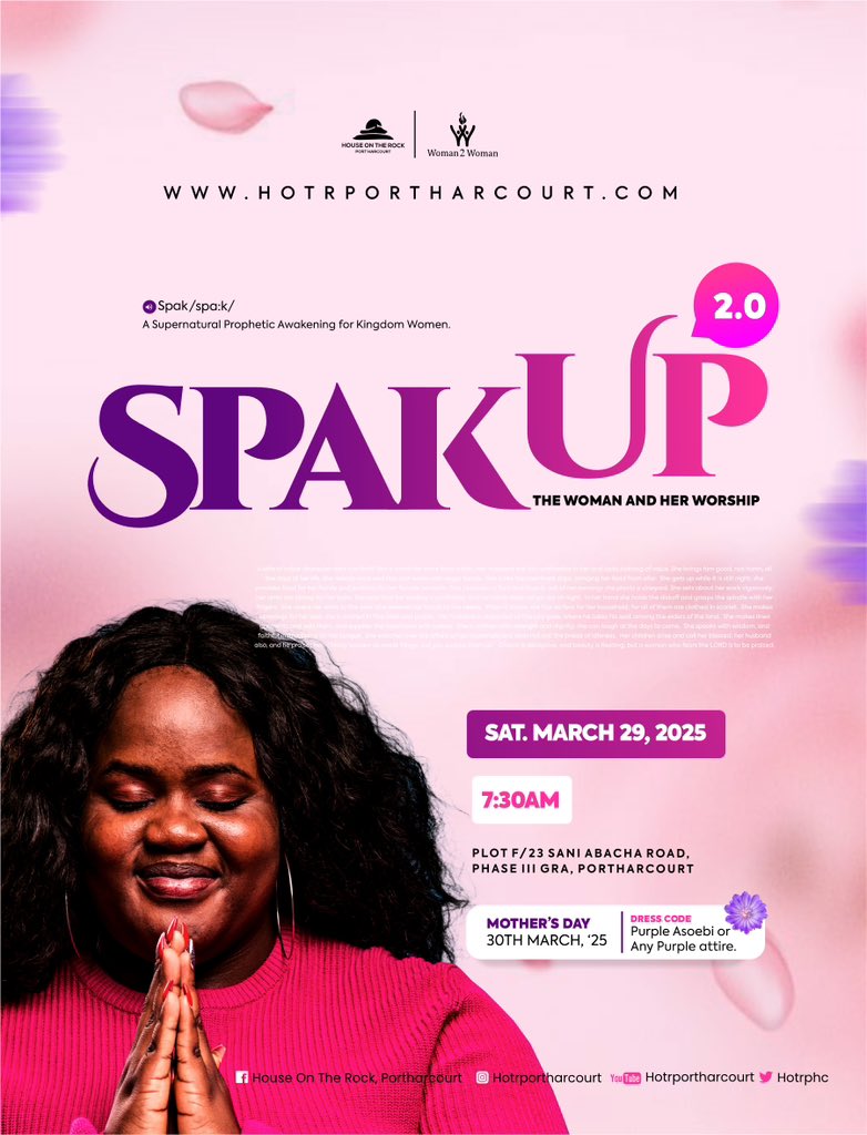 Sisters, something BIG is coming!

If you’re craving MORE—more of God, more depth, more alignment—then SPAK UP 2.0 is where you need to be!

📅 Saturday, March 29, 2025
⏰ 7:30 AM
📍 House on the Rock, Port Harcourt.