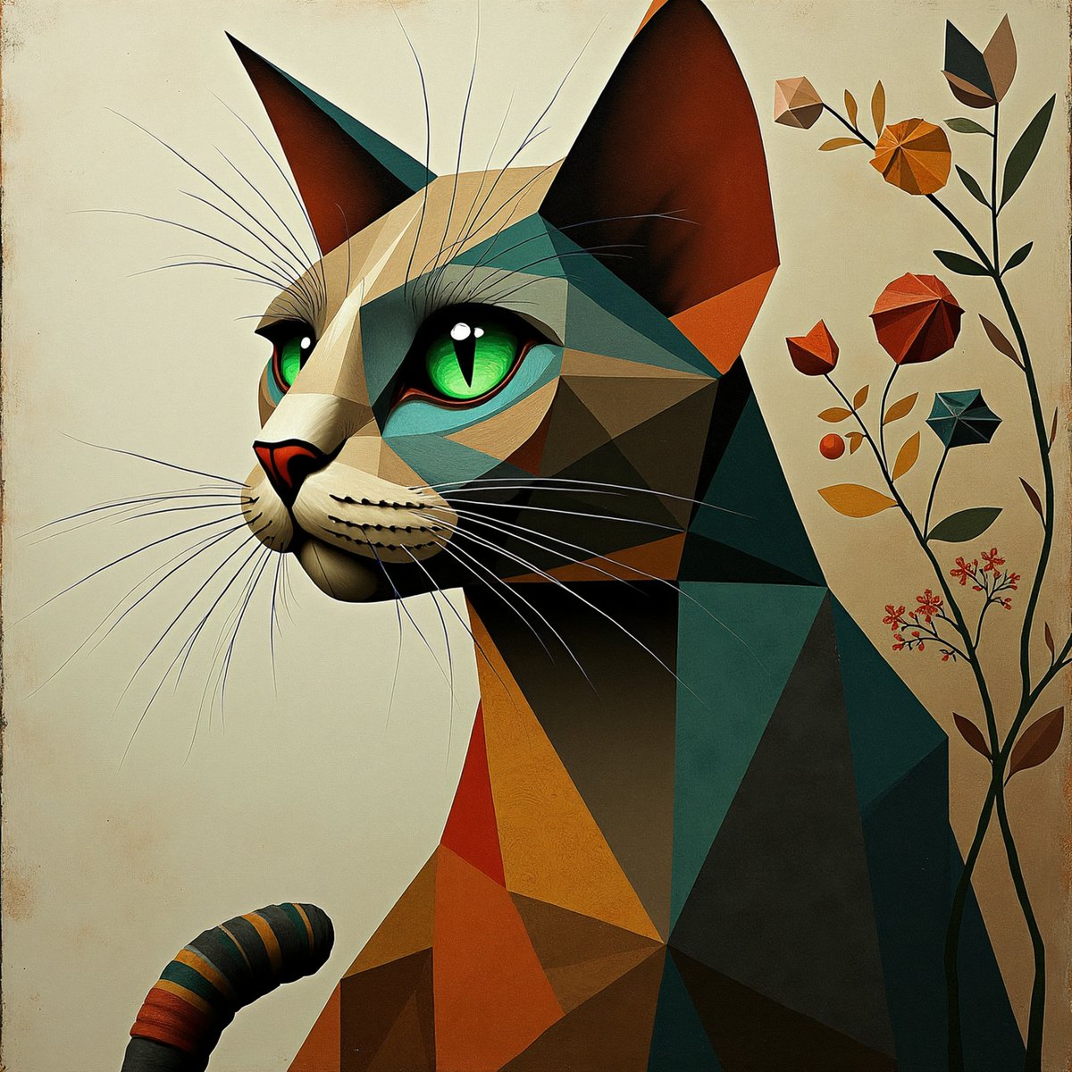 PromptSin's tweet image. A geometric feline masterpiece awaits! 🌿🐱 #Surrealism #Art #GeometricDesign #CatArt