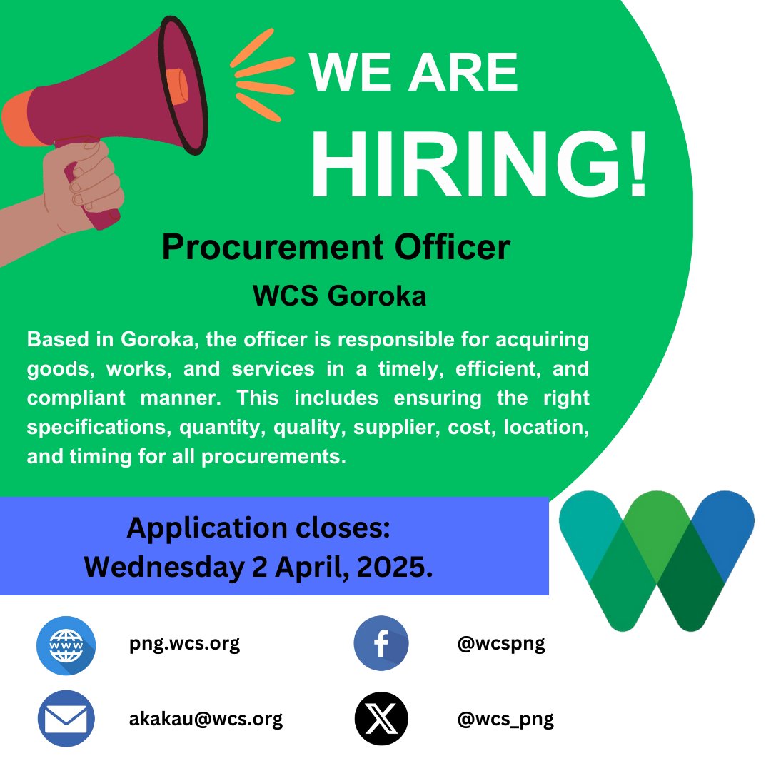 📢We have a #vacancy for Procurement Officer with our Goroka Office.
📅Due date for Applications: Wednesday 2 April.
📍Only shortlisted candidates will be contacted for interviews.
#LearnMore #ApplyNow 🔗👇👇👇
png.wcs.org/.../ID/24252/P…