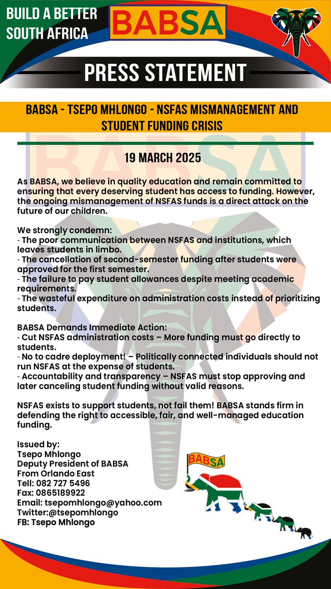 tsepomhlongo's tweet photo. BABSA stands for quality education and a future for our children. NSFAS must be held accountable! Enough is enough!
#NSFASFailingStudents #EducationForAll #BABSA #AccountabilityNow https://t.co/l3HqhkEZYN