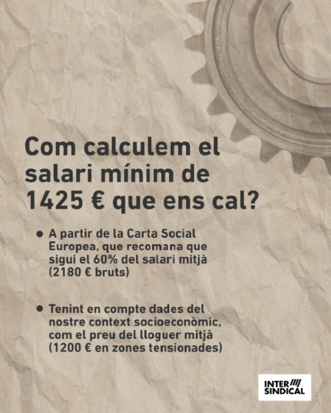 LaIntersindical's tweet image. ↗️La Intersindical reclamem un salari mínim de 1425€ bruts.
❌Els treballadors i les treballadores de Catalunya no podem decidir un Salari Mínim Interprofessional adequat al nostre context econòmic i social perquè l’Estat espanyol no ho permet.