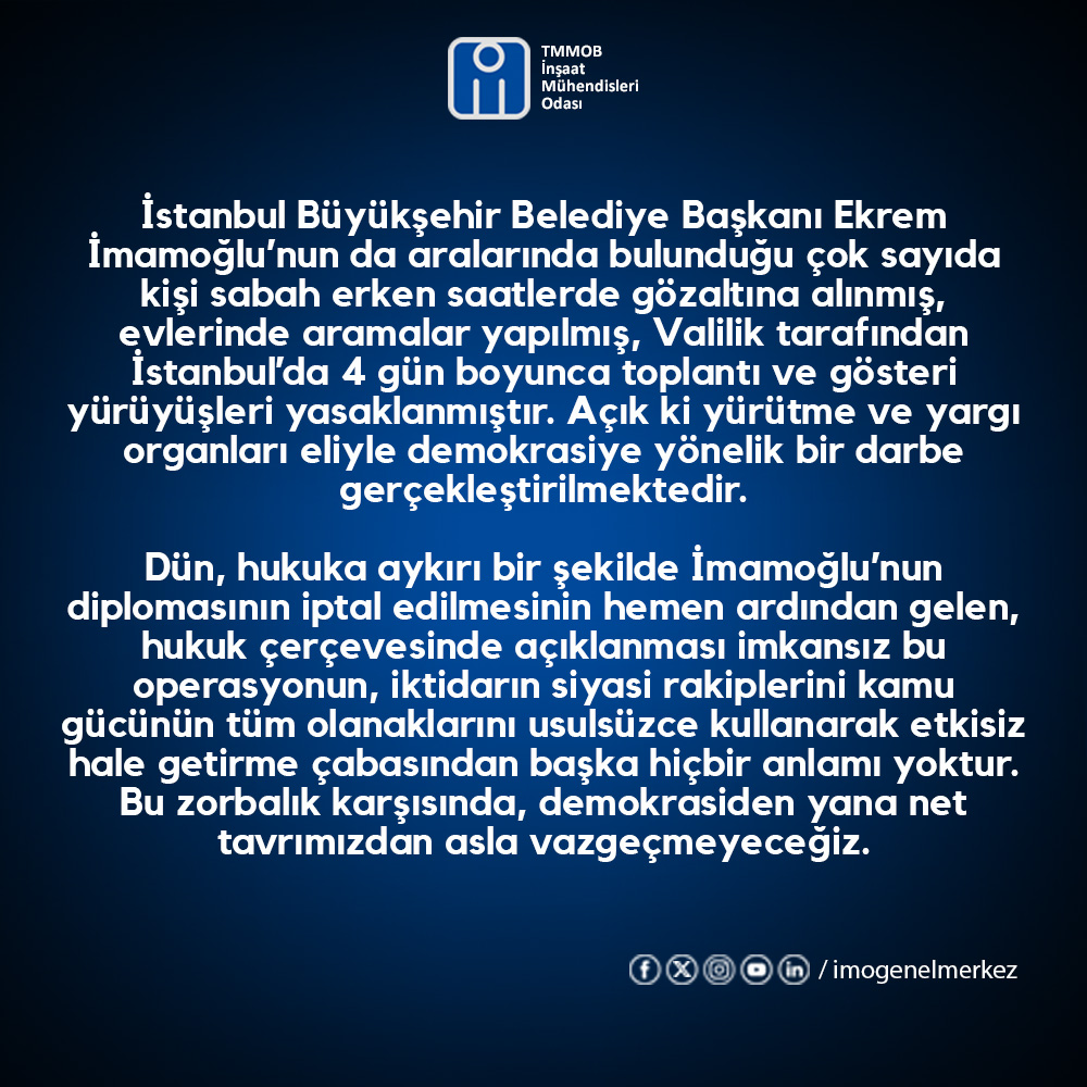 İnşaat Müh.Odası (@imomerkez) on Twitter photo Bu zorbalık karşısında, demokrasiden yana net tavrımızdan asla vazgeçmeyeceğiz.
<a href="/ekrem_imamoglu/">Ekrem İmamoğlu</a> Bu zorbalık karşısında, demokrasiden yana net tavrımızdan asla vazgeçmeyeceğiz.
<a href="/ekrem_imamoglu/">Ekrem İmamoğlu</a>