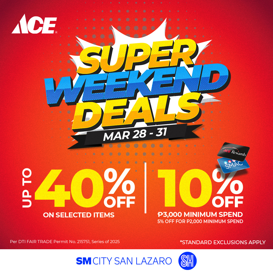 smcitysanlazaro's tweet image. 🔥 Hot deals for a hot season! Cool down with up to 15% OFF on home improvement essentials at the ACE Super Weekend Deals from March 28-31.​

Don't miss out: shorturl.at/mw3qK​
​
📍 Visit them at 2nd Level 

#ACEHardwarePH #ACEHelpful
#EverythingsHereAtSM