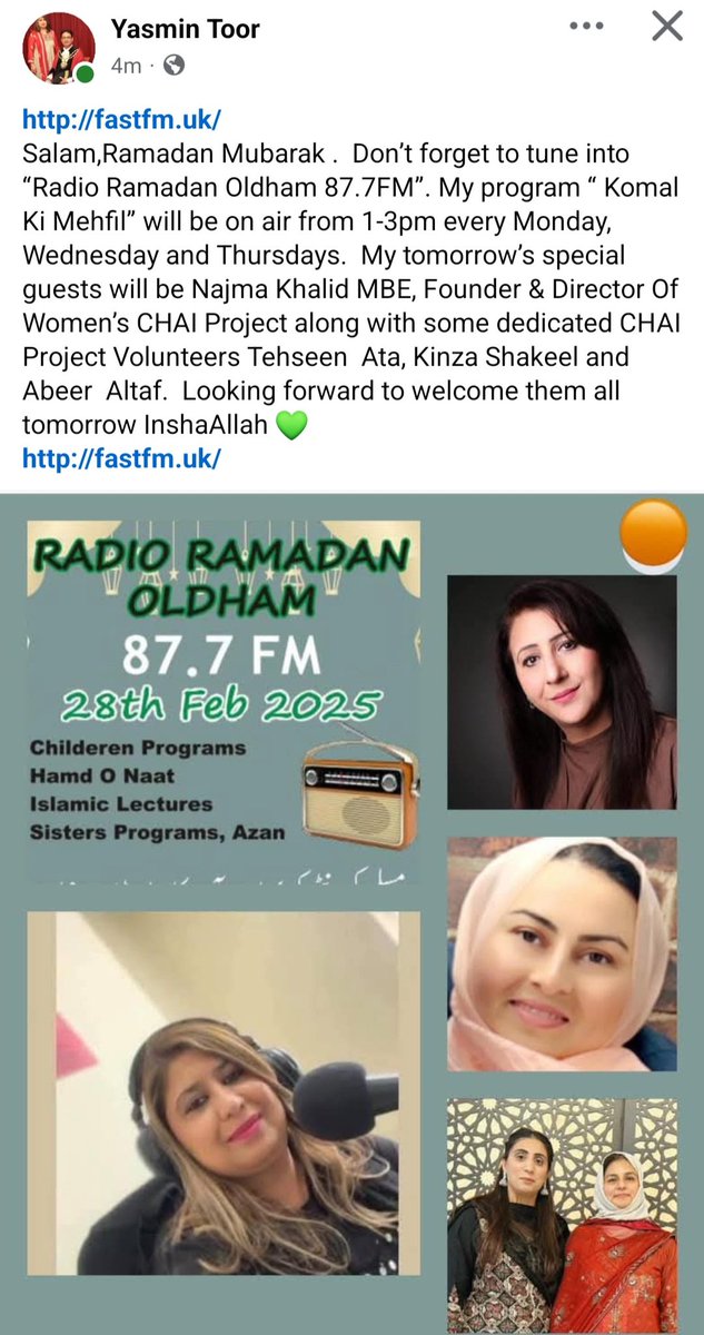 Dear all, do tune in to Ramadan Radio Oldham at 1 pm today. Our chai director Najma Khalid MBE and some of our amazing chai volunteers will be guests in the amazing Yasmin Toor's - Komal ki Mehfil Program. Listen to all the amazing things happening at the Women's CHAI Project,