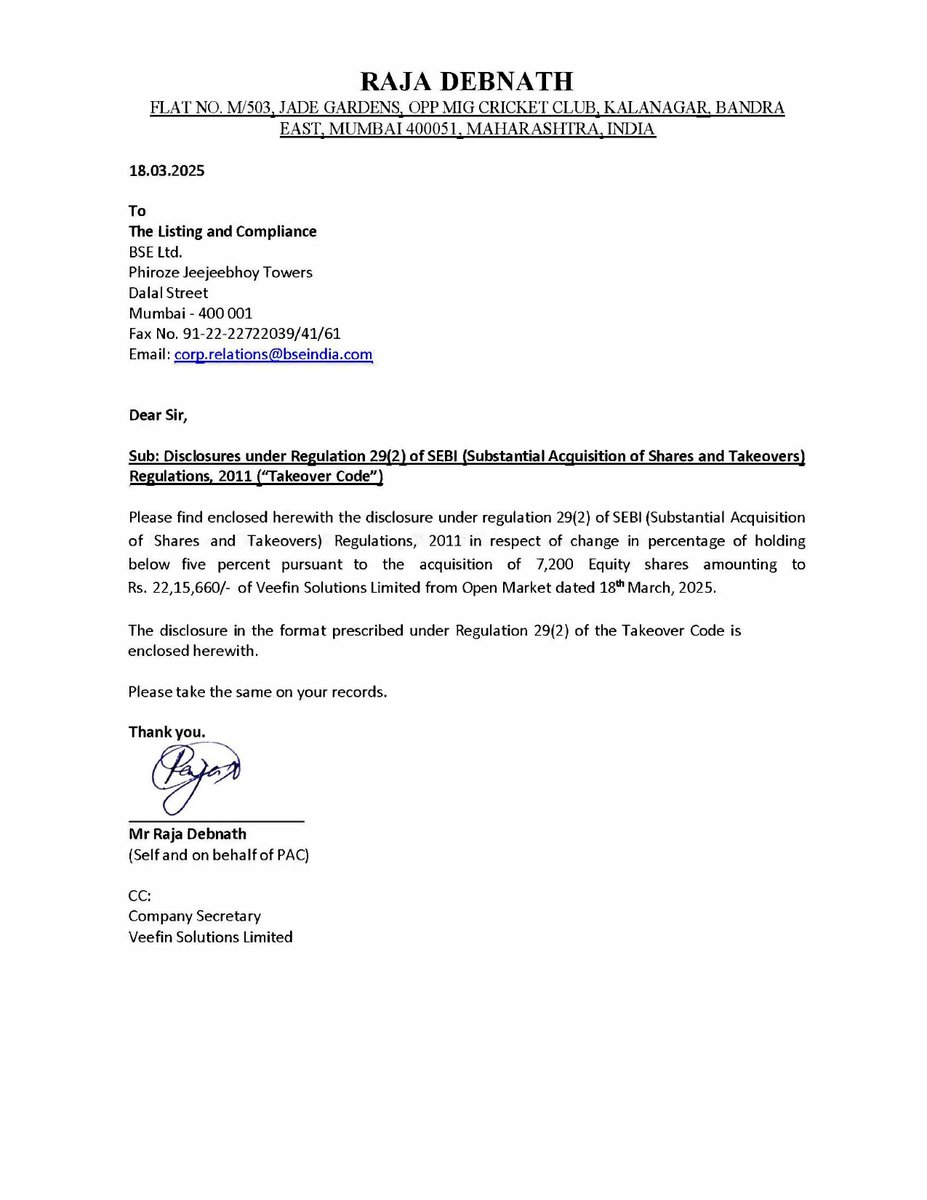 sudban1998's tweet photo. 18 Mar 2025 Promoter Raja buying
#veefin shares as reported in exchange BSE
#veefingroup #veefinsolutions https://t.co/YV0Qt2mDad