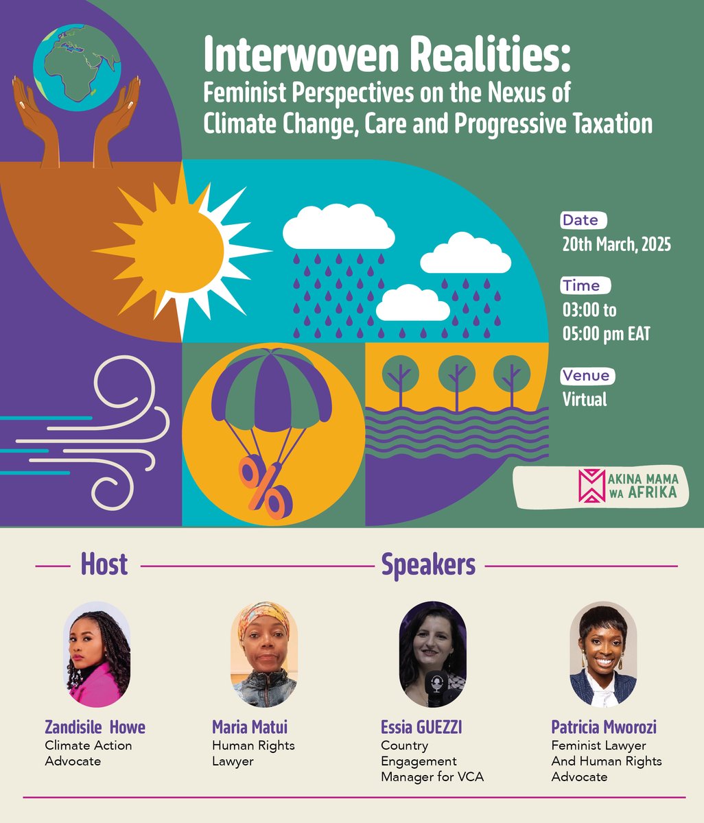 Did you know? Climate change is reshaping how care is organised—and women bear the heaviest burden.

To address the critical intersections of climate justice, tax justice, and gender equity, Akina Mama wa Afrika invites you to a vital conversation as part of the Global Days of