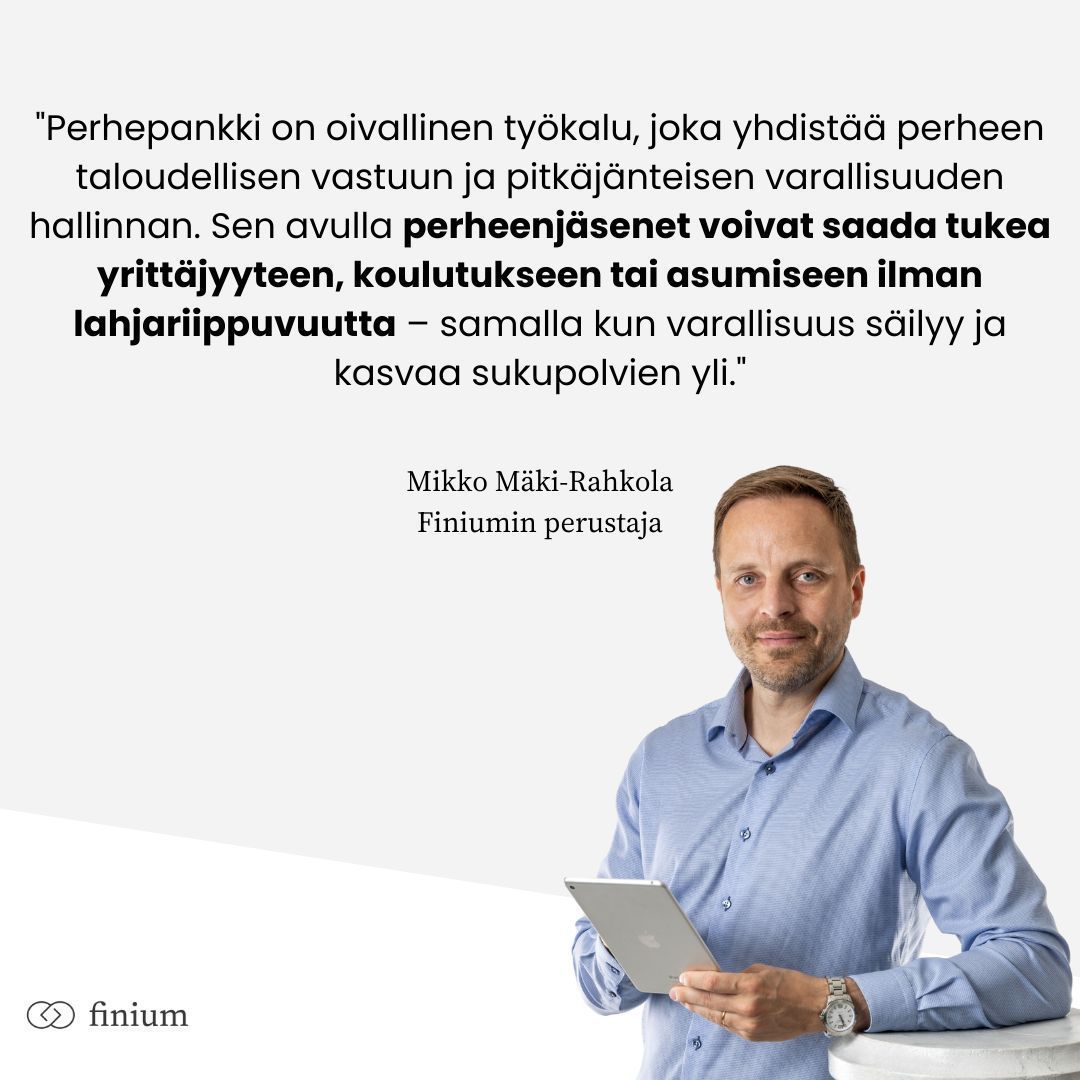 mikkomr's tweet photo. Kun perheiden varallisuutta halutaan käyttää koko perheen hyväksi tasapuolisesti, vastuullisesti ja kannustavasti, päätyy yhä useampi perhepankkimalliin. 🏦

✅ Edullisemmat lainaehdot kuin pankeilla
✅ Vahvistaa perheen taloudellista vastuullisuutta
✅ Vähemmän rahariitoja – enemmän selkeyttä

Lue lisää artikkelistamme: https://t.co/GYskPXPOLI 

#Finium #Perhepankki #Familyoffice #Taloussuunnittelu