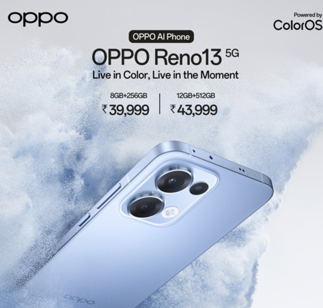 TelecomTalk's tweet photo. 📢 Breaking: OPPO Reno13 5G Sky-Blue variant goes on sale tomorrow! 💙 Starting at ₹39,999, the AI-powered smartphone will be available on OPPO e-store, Flipkart &amp; Mainline Retail Outlets from March 20, 2025. #OPPOReno13 #LiveInColor https://t.co/vgIJCJeqSj