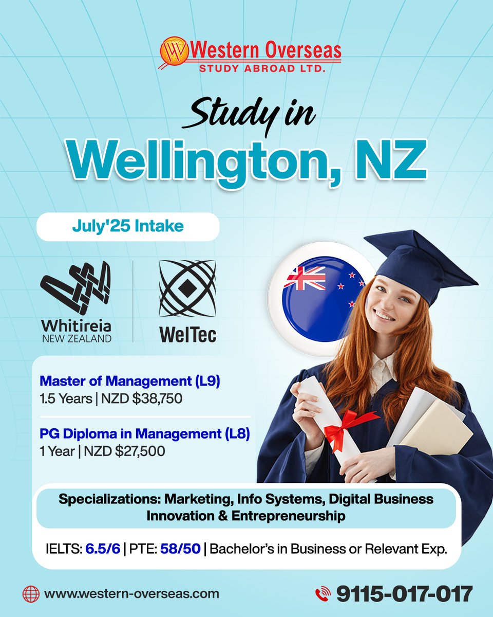westernoverseaa's tweet image. 🌟 New Zealand Calling! Study at Whitireia &amp;amp; WelTec in Wellington. Specialize in management, marketing, or entrepreneurship. Limited seats for July 25 Intake.

Apply today:
📞: 9115017017

#StudyInNZ #NewZealandEducation #westernoverseas #WellingtonNZ #PGDiploma #MastersAbroad