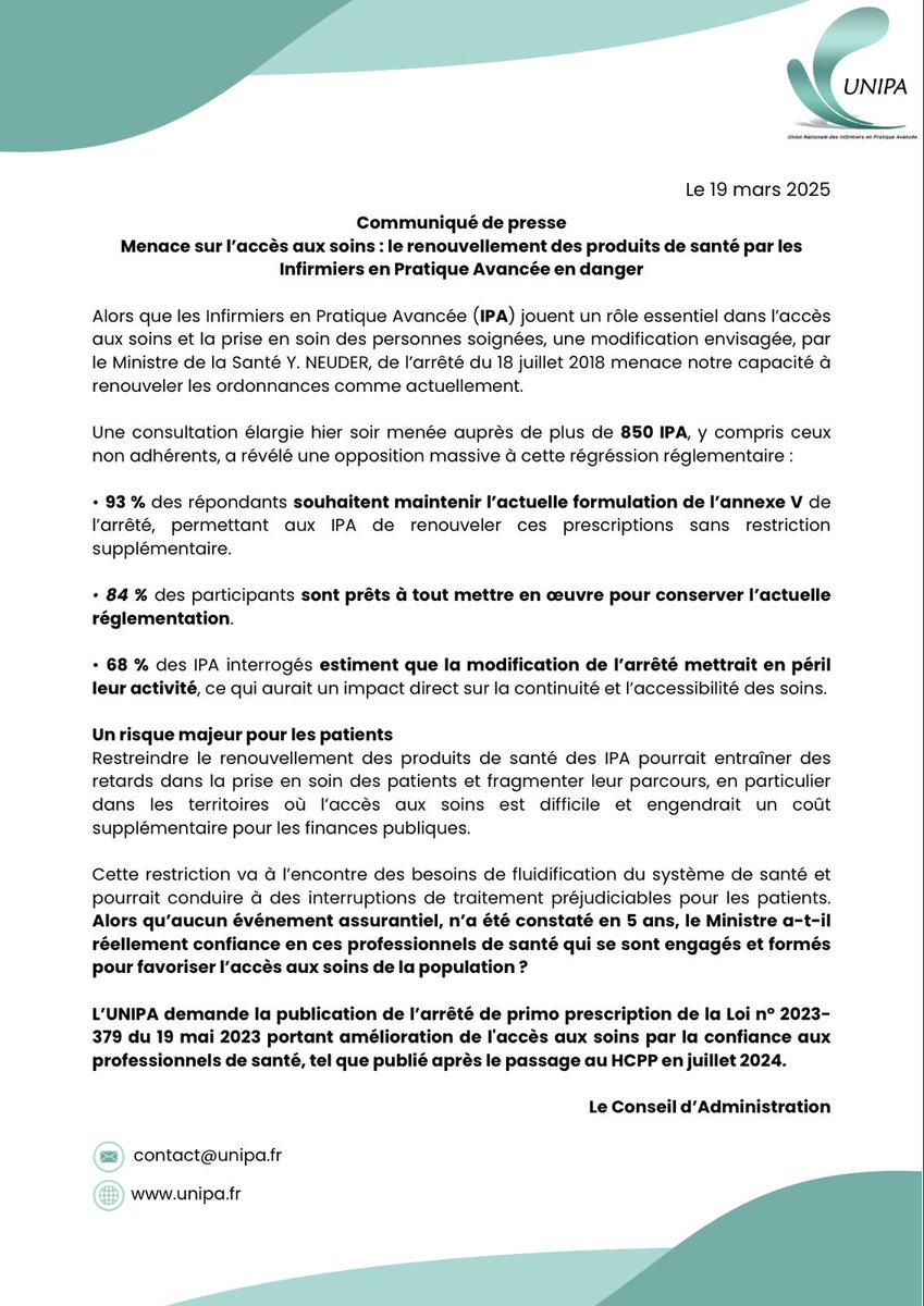 🚨 Menace sur l’accès aux soins : une régression inacceptable ! 🚨

Les Infirmiers en Pratique Avancée (IPA) sont des acteurs incontournables du système de santé, assurant une prise en charge de proximité, essentielle pour des milliers de patients. Aujourd’hui, une modification