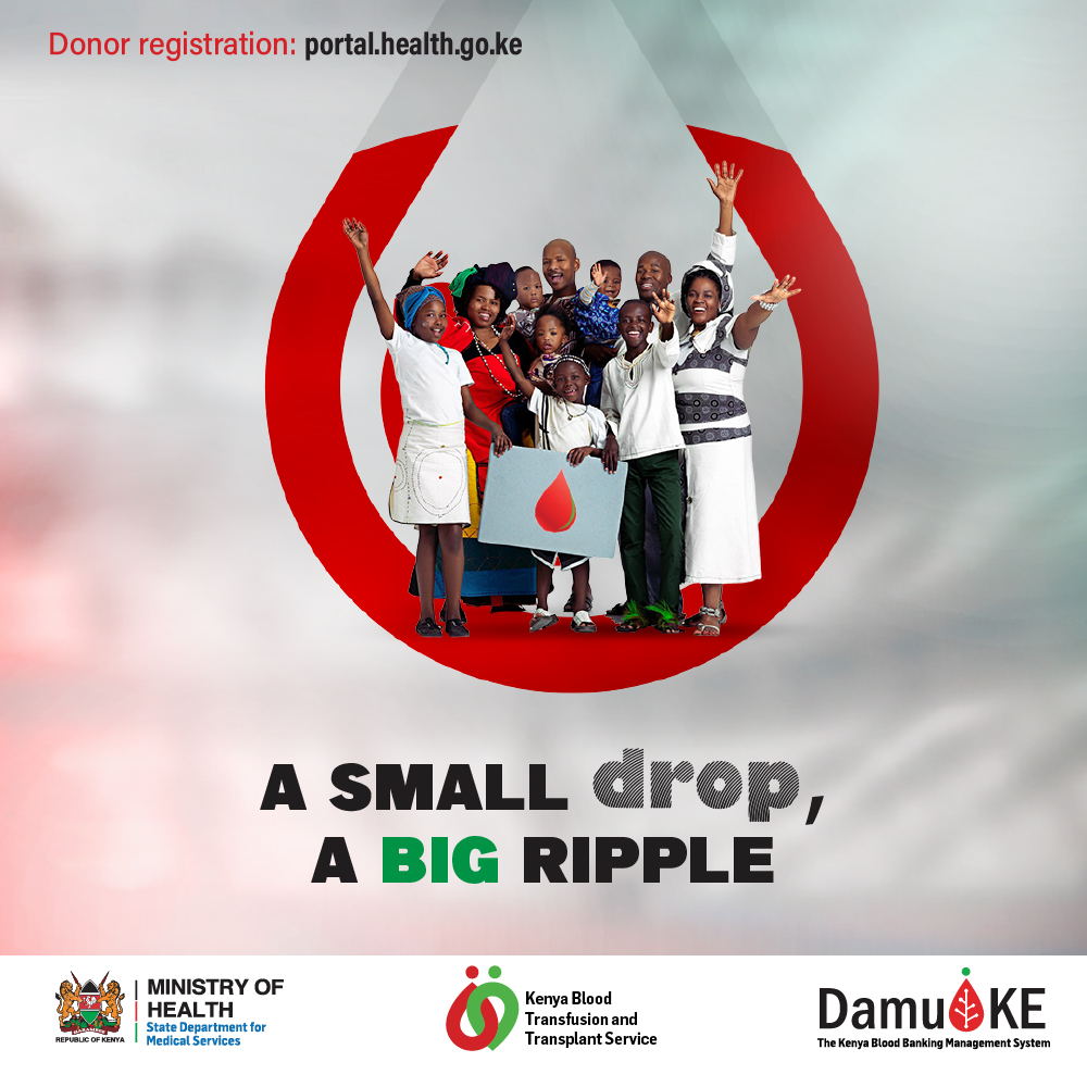 One donation can spark a ripple of change—each drop creating waves that touch countless lives. Be the spark that sets change in motion.

Visit ktta.go.ke/itsinyourblood to register as a blood donor and learn more about the process. #ItsInYourBlood