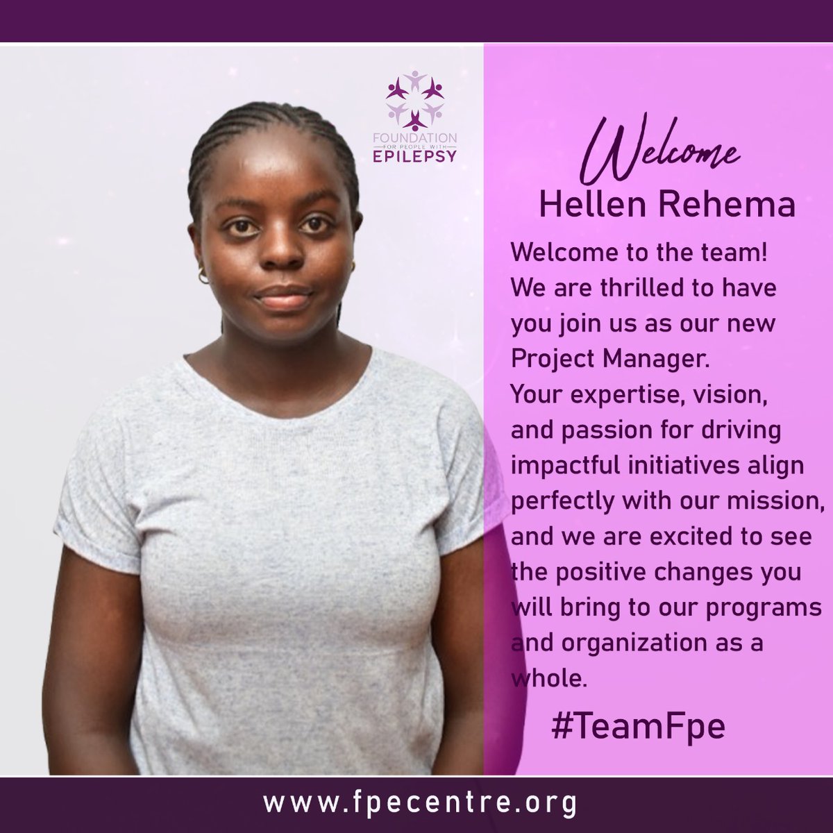 Good News 🎊Please help us welcome Ms. Hellen Rehema our new Project Manager! 

We’re excited to have her on board as we continue making a difference in the lives of people with epilepsy.  Welcome to the team, Hellen! 💜

#FPE #epilepsyawareness #epilepsy #EpilepsyCare