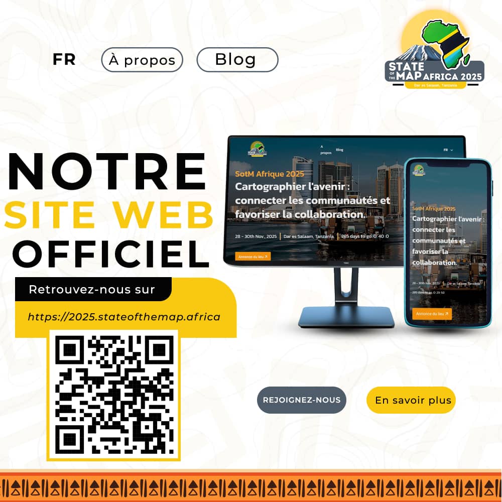 Nous sommes heureux de vous annoncer que le site du #sotmafrica2025 est de disponible!

🔗 Cliquez  ici pour voir :
2025.stateofthemap.africa

📅Mise à jour des dates de la conférence ! Les dates ont été modifiées ; les nouvelles dates sont du 28 -30 Novenbre 2025.

#sotmafrica