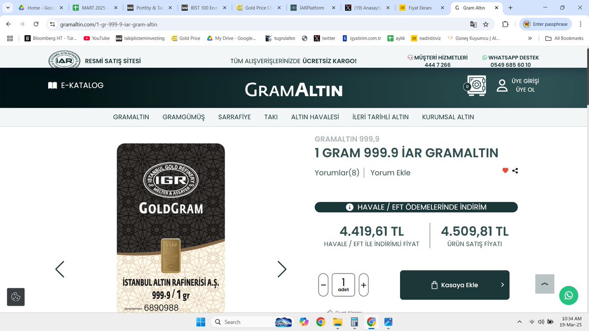 fiziki tek çekim 4500 TL gram ..havale ile 4420 TL