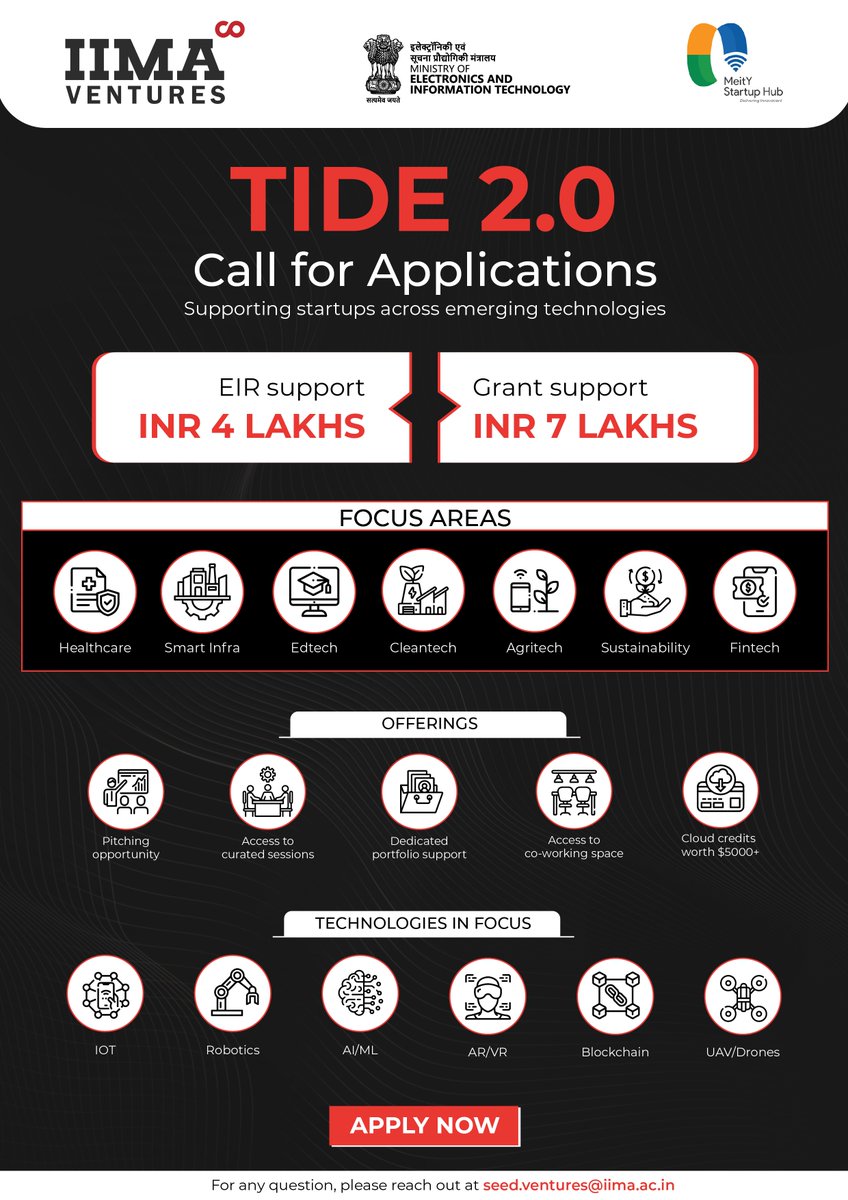 IIMAVentures's tweet image. We are now accepting applications for the @GoI_MeitY  #TIDE2 program, designed to support early-stage startups through the Entrepreneur-in-Residence (EiR) initiative and grants of up to INR 7 Lakhs.

Apply now: go.iimaventures.com/Tide2025