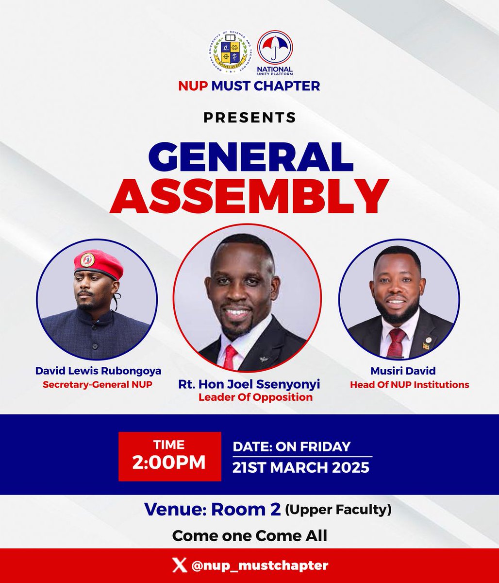 Gallant MUSTerians!

The NUP MUST Chapter invites you to the General Assembly—a platform for all students to engage, learn, and strengthen leadership skills.

Join us as we gain insights from great minds and leaders who will guide us on shaping a brighter future!

Don’t miss out!
