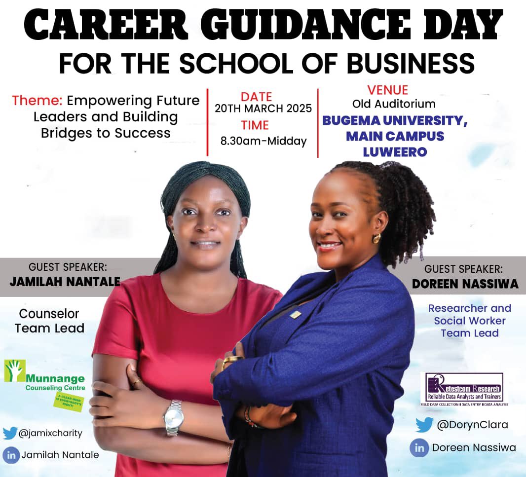 Doreen Nassiwa (@dorynclara) on Twitter photo Career Guidance is back again in Universities and this Thursday, we’re bringing a career guidance session <a href="/UnivBugema/">Bugema University || EXCELLENCE IN SERVICE🎓🎓</a> where we’ll engage all the Business students through mentorship, empowerment & building bridges to success
#Empowerment
#Inspire
#CareerGuidance
<a href="/jamixcharity/">Jamilah Nantale</a> Career Guidance is back again in Universities and this Thursday, we’re bringing a career guidance session <a href="/UnivBugema/">Bugema University || EXCELLENCE IN SERVICE🎓🎓</a> where we’ll engage all the Business students through mentorship, empowerment & building bridges to success
#Empowerment
#Inspire
#CareerGuidance
<a href="/jamixcharity/">Jamilah Nantale</a>