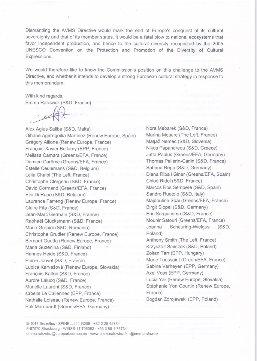 Alors que le mémorandum de Trump et la Motion Picture Association🇺🇸 attaquent nos lois numériques et AV 🇪🇺nous sommes 23 eurodéputés à alerter la Commission pour protéger la directive SMA qui impose des quotas d’oeuvres et des obligations de financement aux plateformes VOD