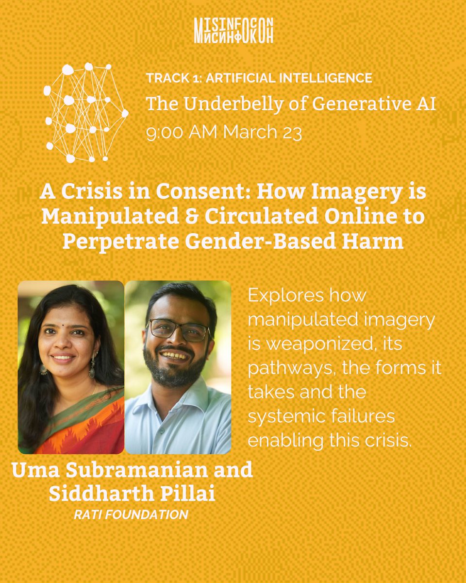 tattlemade's tweet image. Meet Our #MisinfoCon 2025 Speakers!
Uma Subramanian and Siddharth Pillai will be delivering a lightning talk on How Imagery is Manipulated and Circulated Online to Perpetrate Gender-Based Harm.
馃搷 Join us in Bengaluru!
馃敆 Register now: misinfoconindia.com/register