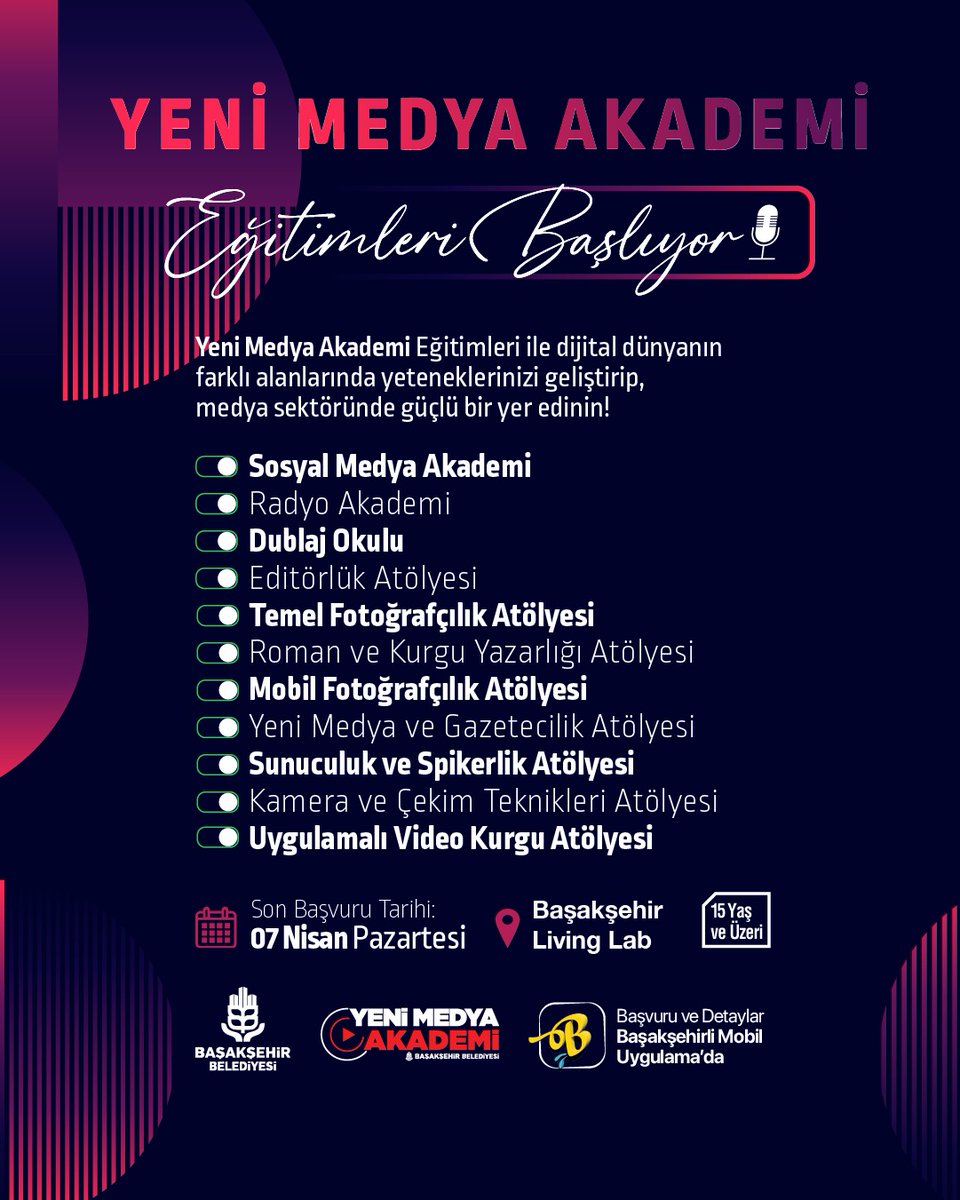 Radyo Başakşehir (@radyobasaksehir) on Twitter photo Yeni Medya Akademi yeni dönem ön kayıtları başladı! 🤩
Hayallerini gerçeğe dönüştürmek için eğitimlerimiz seni bekliyor.
📲 Başvuru ve detaylar Başakşehirli Mobil Uygulama’da.
📍 Başakşehir Living Lab İnovasyon Merkezi
<a href="/yasinkartoglu/">Yasin Kartoğlu</a>
<a href="/basaksehirbld/">BaşakşehirBelediyesi</a>
#başaksehir #medya Yeni Medya Akademi yeni dönem ön kayıtları başladı! 🤩
Hayallerini gerçeğe dönüştürmek için eğitimlerimiz seni bekliyor.
📲 Başvuru ve detaylar Başakşehirli Mobil Uygulama’da.
📍 Başakşehir Living Lab İnovasyon Merkezi
<a href="/yasinkartoglu/">Yasin Kartoğlu</a>
<a href="/basaksehirbld/">BaşakşehirBelediyesi</a>
#başaksehir #medya