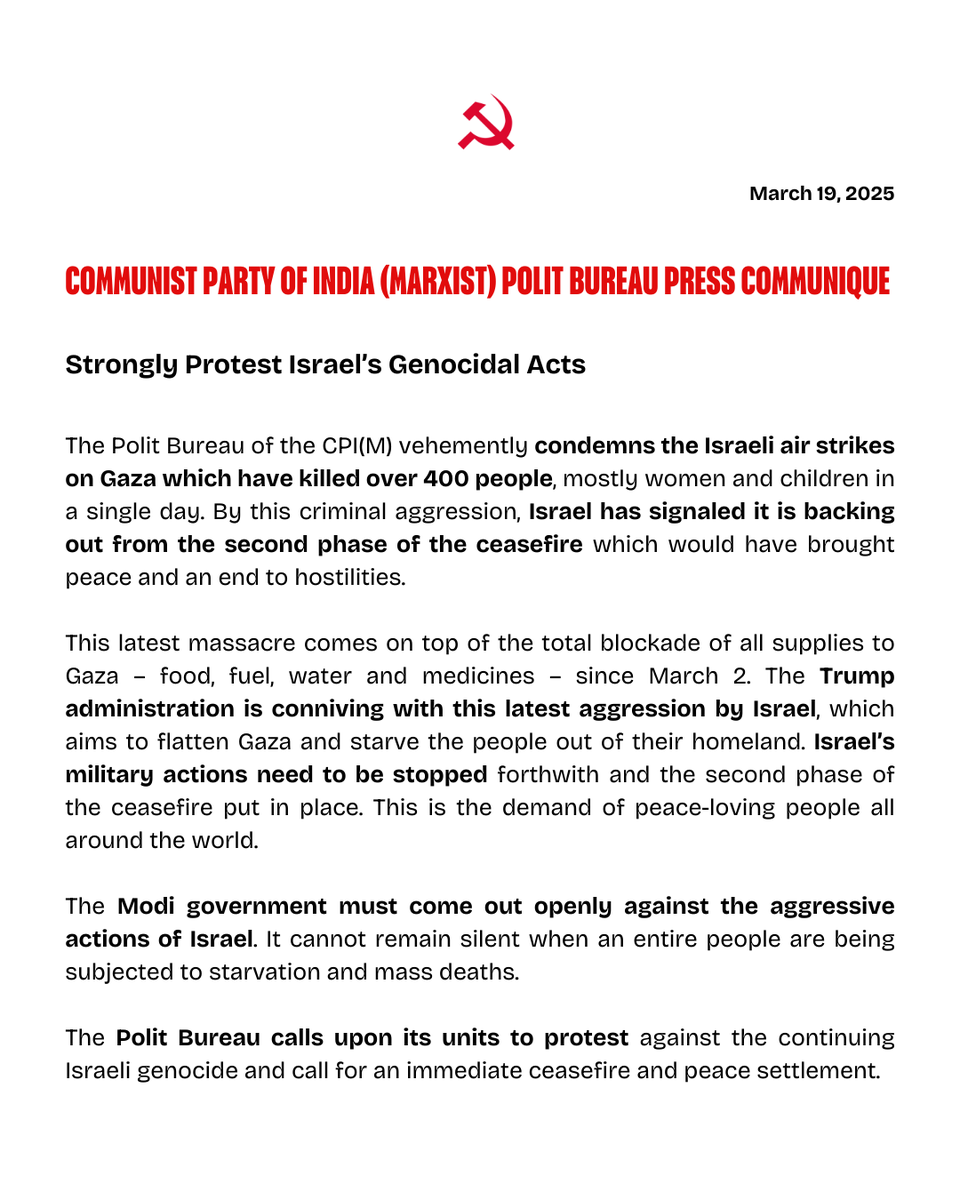 cpimspeak's tweet photo. #CPIM Polit Bureau condemns #Israel's genocidal acts https://t.co/xsbsAkhHUh