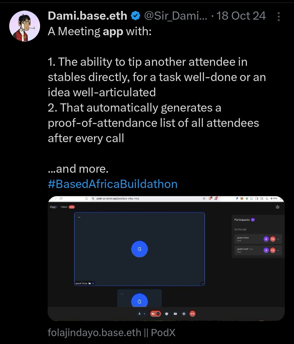Sir_Damilare's tweet image. Building beyond hackathons. 

PodX was built during the Based Around The World Buildathon 4-months ago, to connect creators &amp;amp; fans in a unique way, with the ability for both parties to instantly earn.

They didn&apos;t win, but kept going:
- 130+ MAUs
- 500 sessions
- 260+ total…